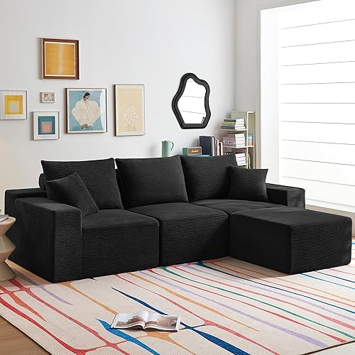 109" Cloud Modular Sectional Sofa, Boneless Couch Sectional Couches for Living Room, 3 Seater L Shape Couch with Ottoman, Corduroy Sectional Sofa No Assembly Required (Black)