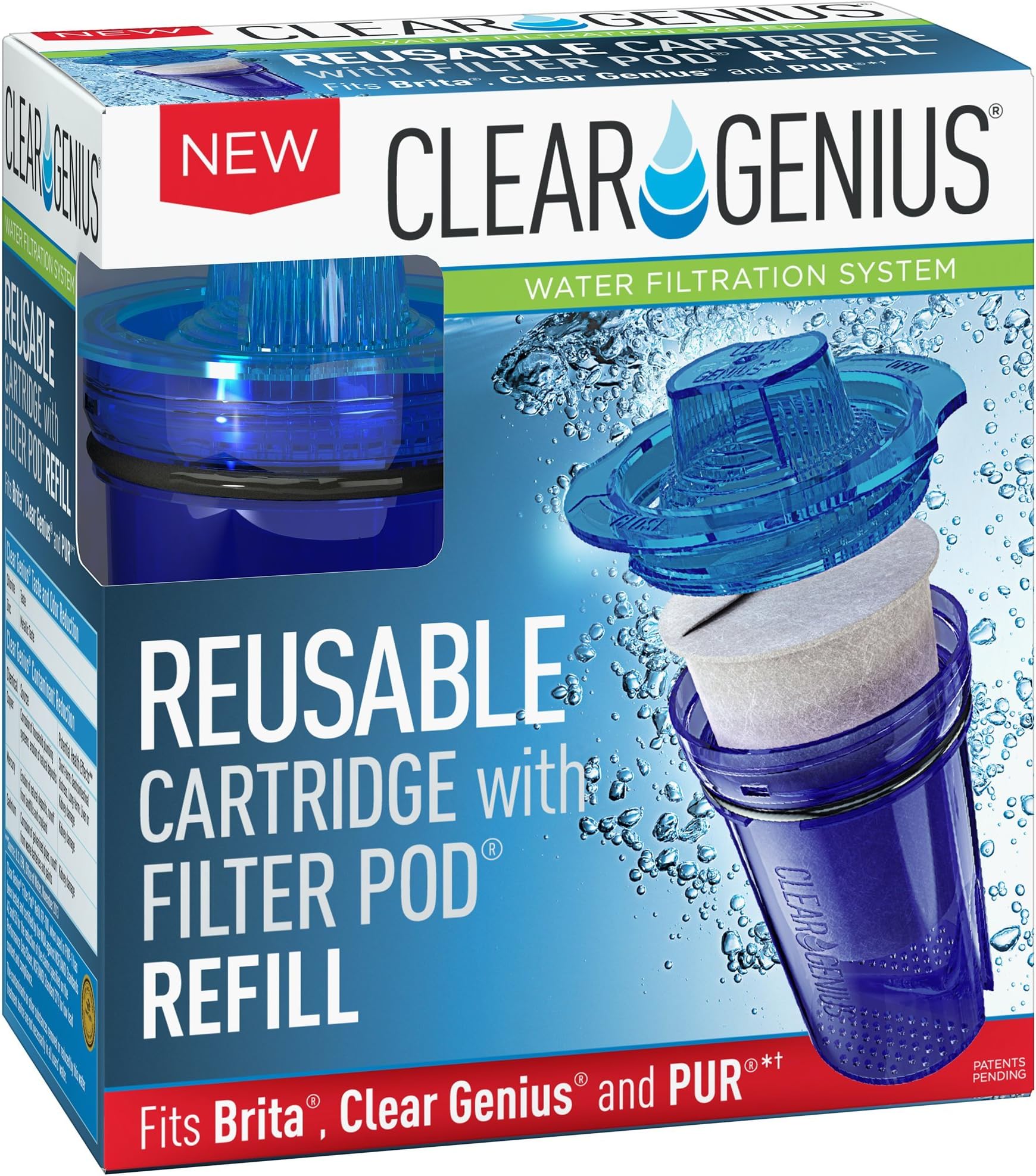 Reusable Cartridge with Filter Pod SU-11, Includes 1 Reusable Cartridge and 1 Filter Pod Refill, Filter Pods Last 2 Months, Blue, Fits Brita & Pur*