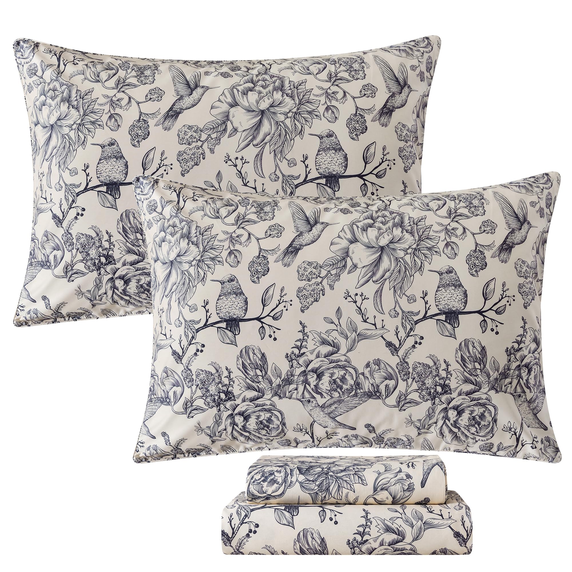 FADFAY Bird Sheets Set 100% Cotton Vintage Blue and Beige Floral Toile Bedding 4Pcs French Country Cottagecore Peony Bed Sheets, Deep Pocket Breathable & Soft Shabby Floral Bedding, California King