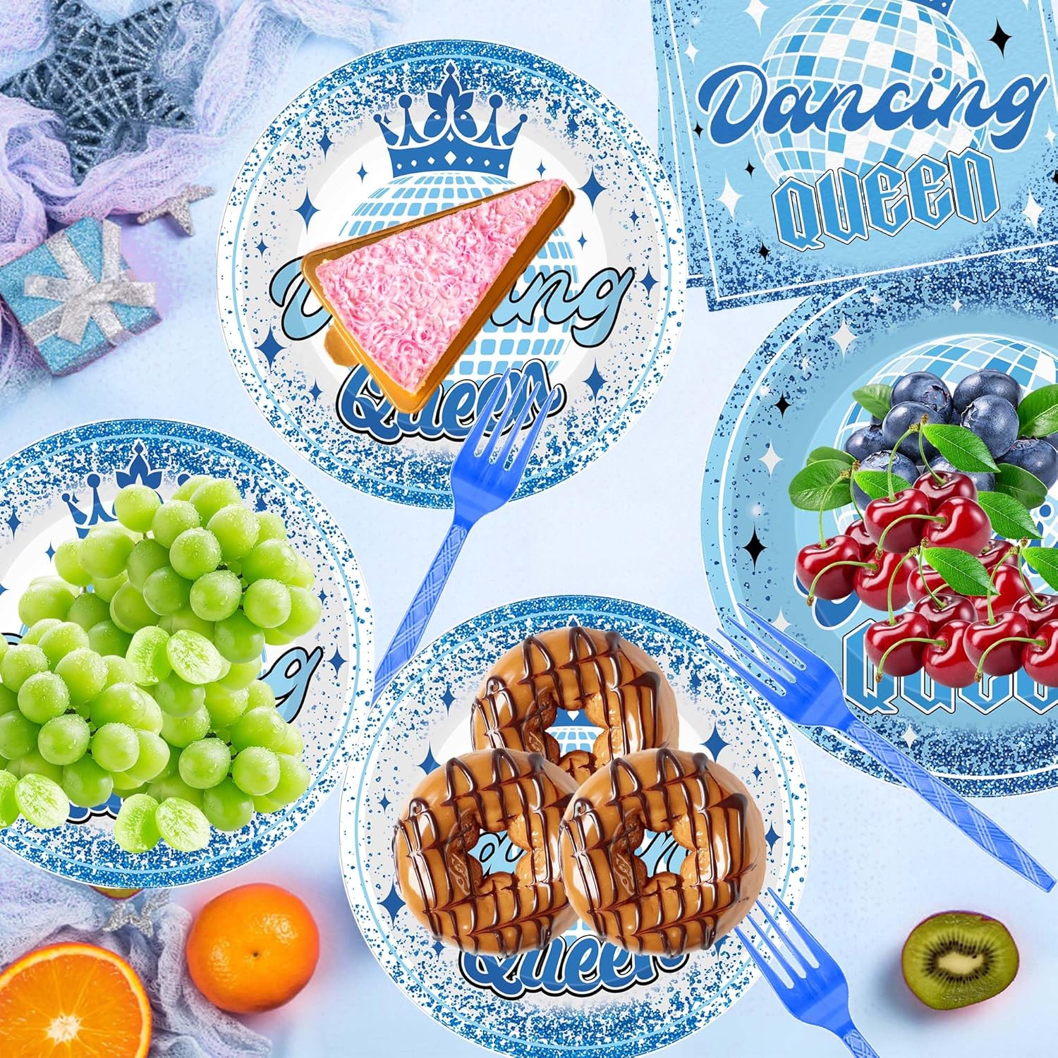 96 Pcs Dance Queen Party Decorations, Blue Mirrorball Crown 17th Birthday Party Plates Napkins and Forks for 24 Guests, Fun Disco Tableware Set - Image 3