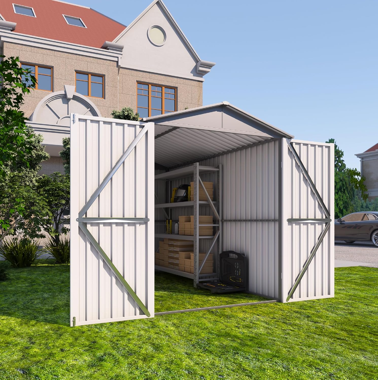 KEIKI 5.5x10 FT Outdoor Metal Motorcycle Storage Shed with Window,Peaked Roof for Backyard Lawn