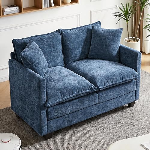 Loveseat Sofa, 52''Modern Cloud Sofa Couch with 27" Deep Seat & 2 Pillows, Comfy Chenille Small Couch for Small Spaces, Apartment, Studio, Bedroom, Living Room (Blue, Loveseat)