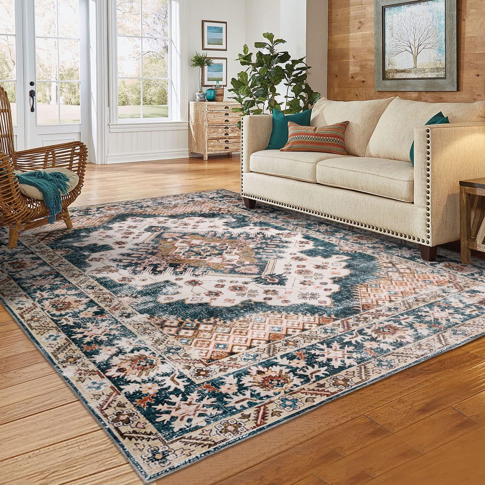 TALETA FALA Living Room Rug, Washable Oriental Rug, Foldable, Vintage Kitchen Rug for Dining Room, Bedroom, Study, Brown 190 x 280 cm