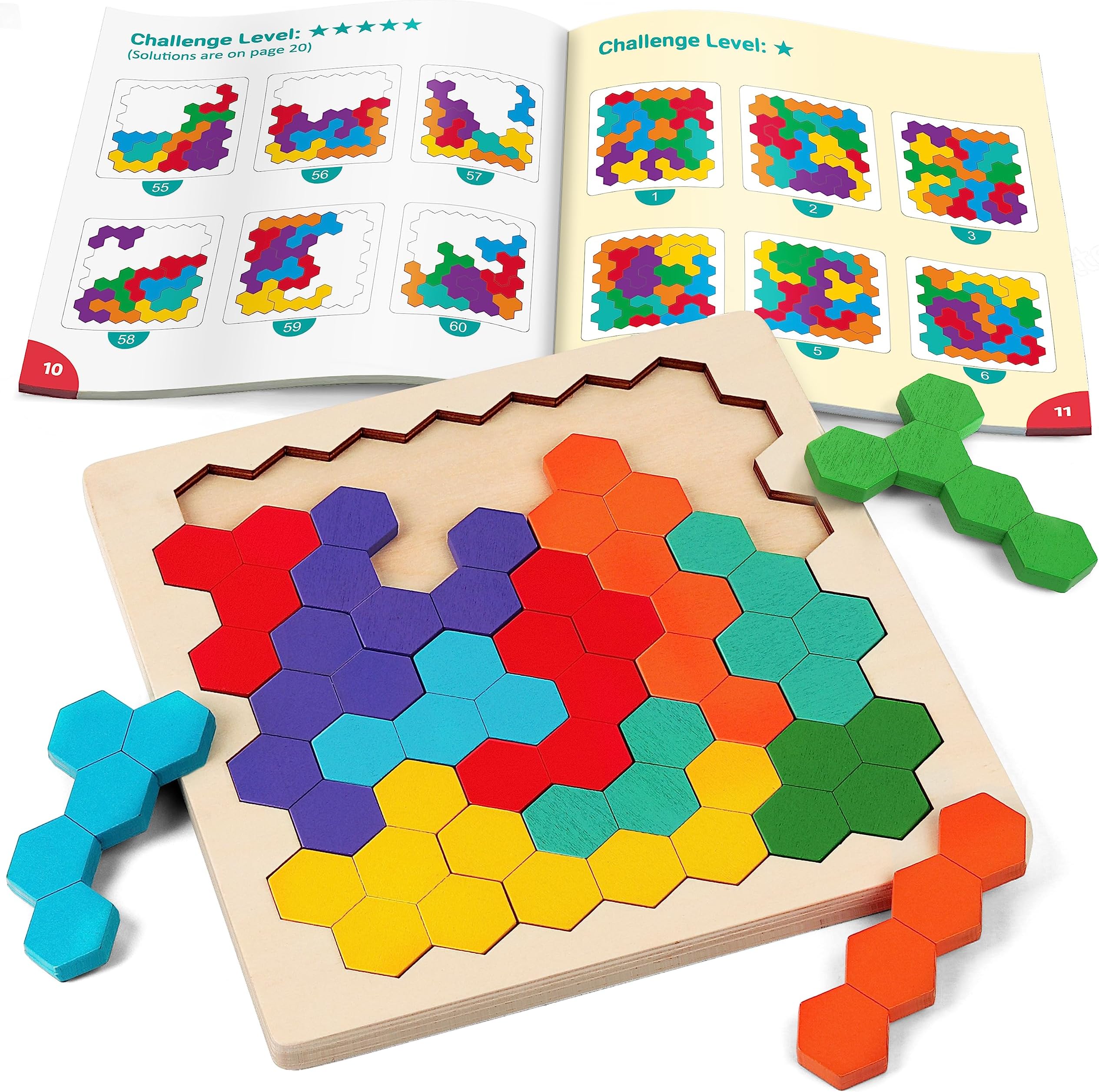 Wooden Tangram Puzzle, Color Shape Pattern Jigsaw Brain Teasers 3D Logic IQ Game Geometric Blocks Montessori STEM Educational Toys Gift for All Age