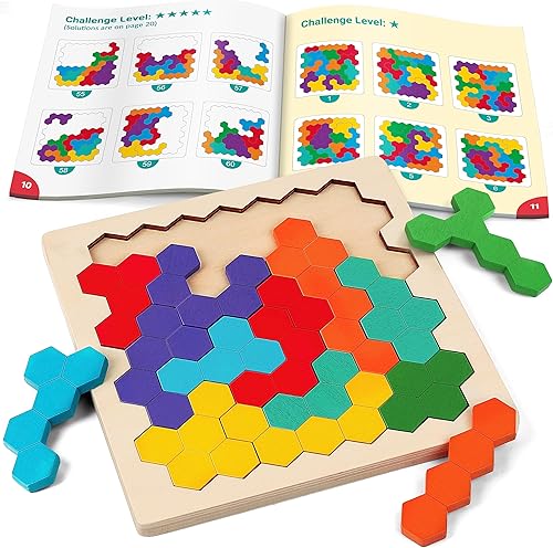 Coogam - Rompecabezas de madera Tangram, rompecabezas de forma y color 3D, juego de lógica y coeficiente intelectual geométrico, bloques Montessori