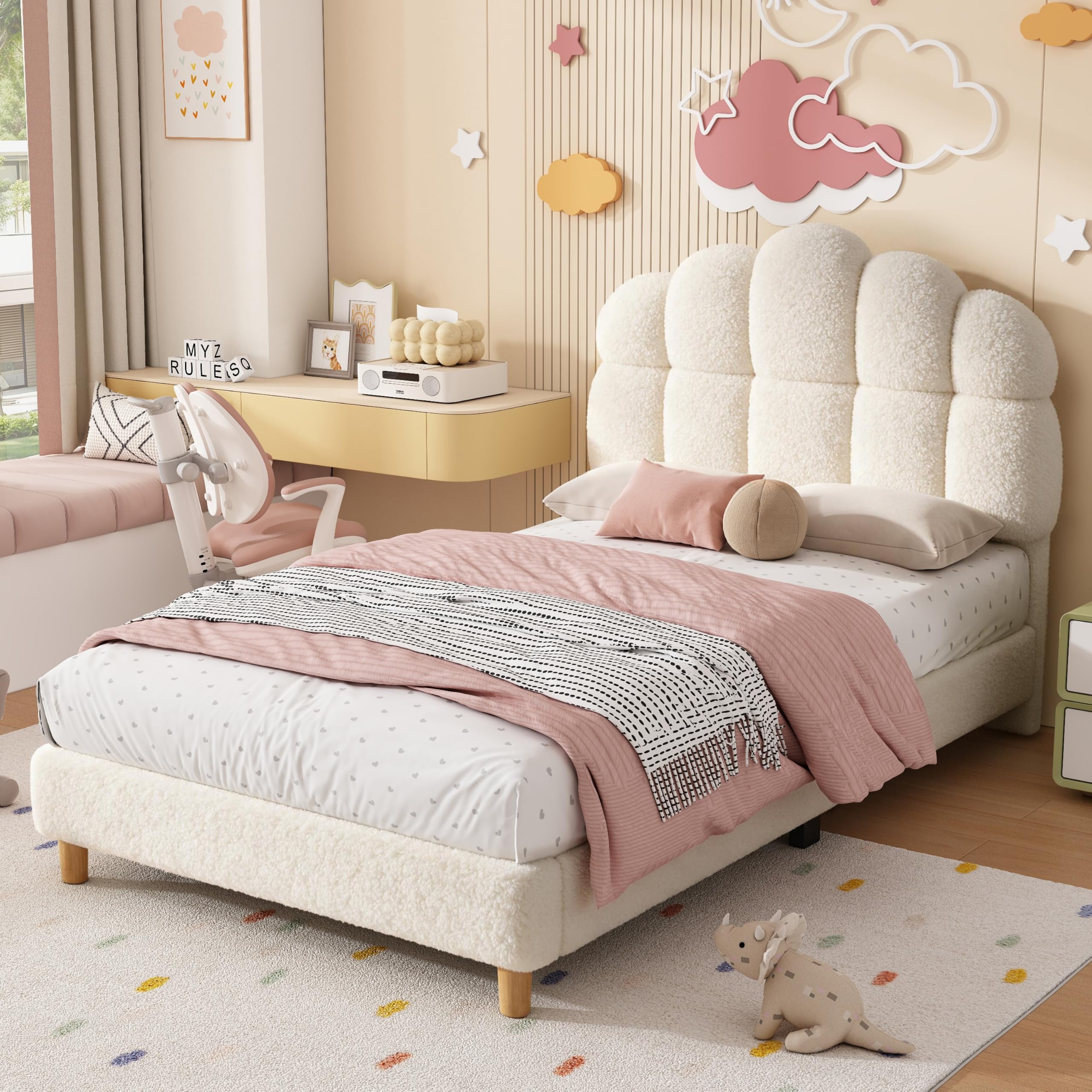 3ft Single Bed Frame with Adjustable Headboard & Solid Wood Legs, Boucle Fabric Upholstered Platform Bed with Wooden Slats, No Box Spring Needed, Easy Assembly, Cream White, 90x190 cm, No Mattress — image 1