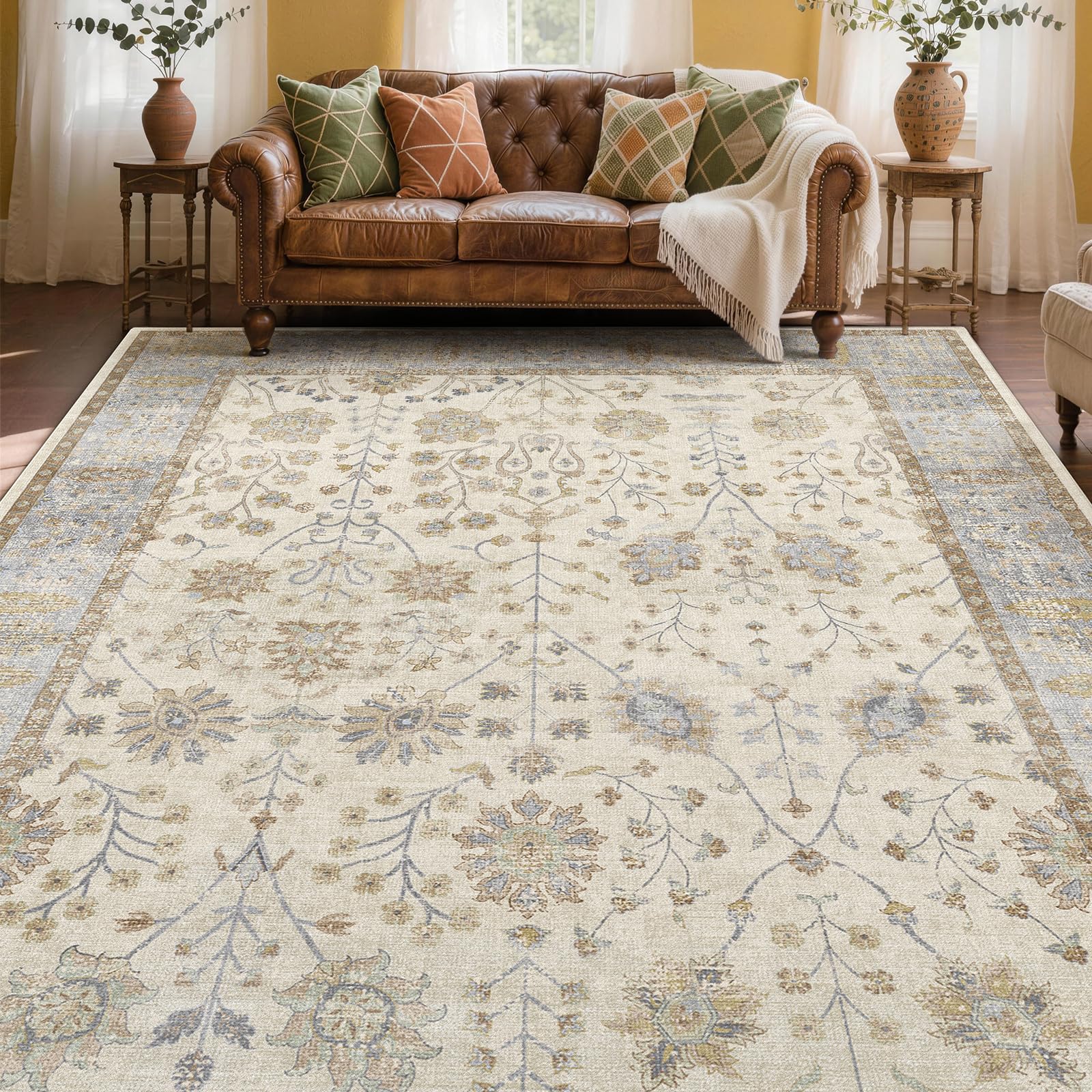XSIVOD Beige Living Room Rug, Washable Boho Area Rugs for Bedroom, Non Slip Vintage Rugs for Dining Room Home Office, Soft Low Pile Floral Rug Accent Floor Carpet for Home Decor, 150x210 cm