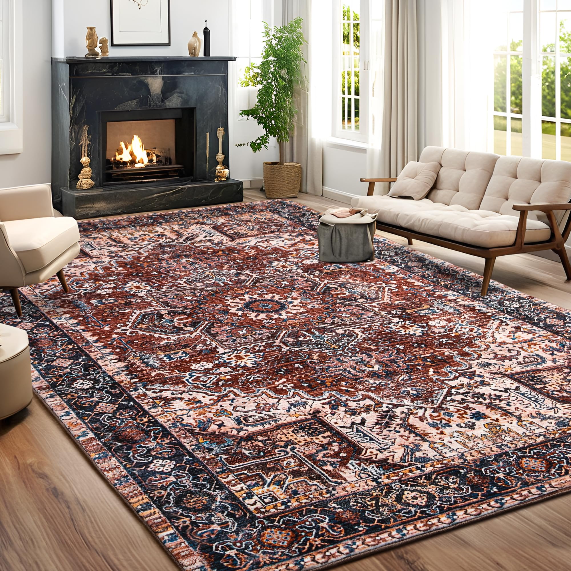 ISEAU Washable Vintage Rugs - 6x9 Bedroom Area Rugs, Large Indoor Machine Washable Non-Slip Rugs for Living Room, Dining Room, Kitchen, Office, Soft Low Pile Vintage Floor Carpets Home Decor