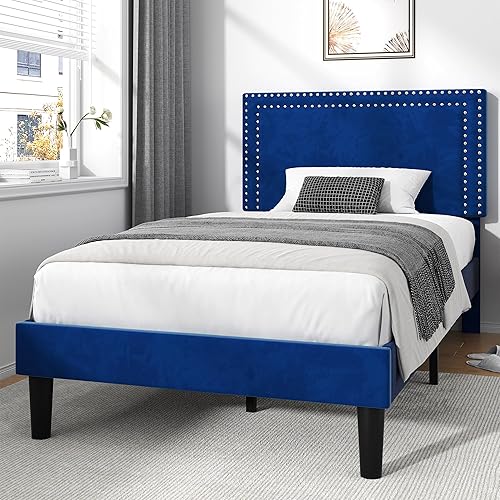 Miniatura 250 de VECELO Base de cama de tamaño matrimonial con cabecera tapizada ajustable, plataforma de listones de madera, diseño sin ruido, fácil montaje Negro