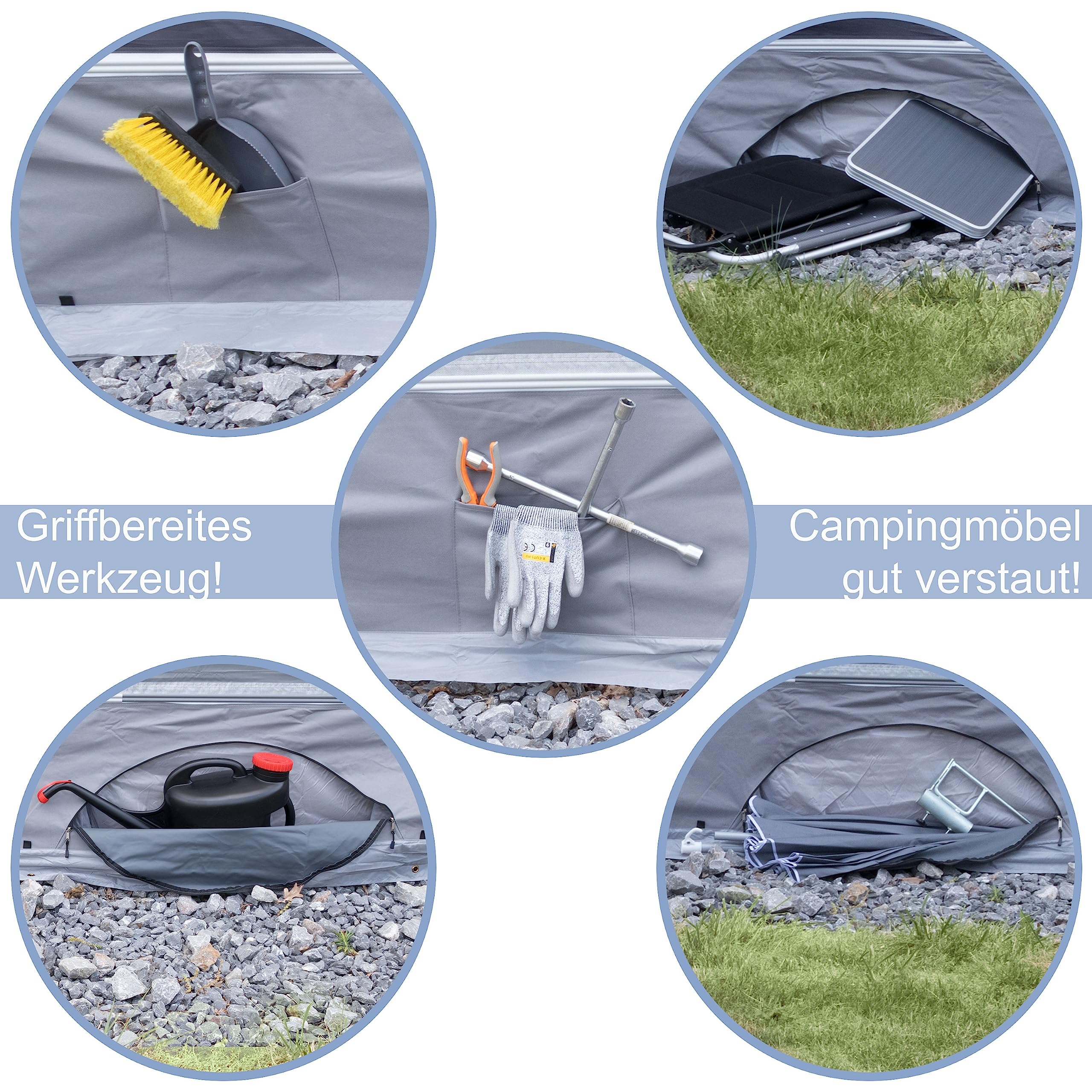 Bodenschürze Wohnwagenschürze 580x50 cm - Grau - mit 2 großen Aufbewahrungstaschen 95x85x30cm - Windschutz für Vorzelt Windblende Wagenschürze Camping Zubehör