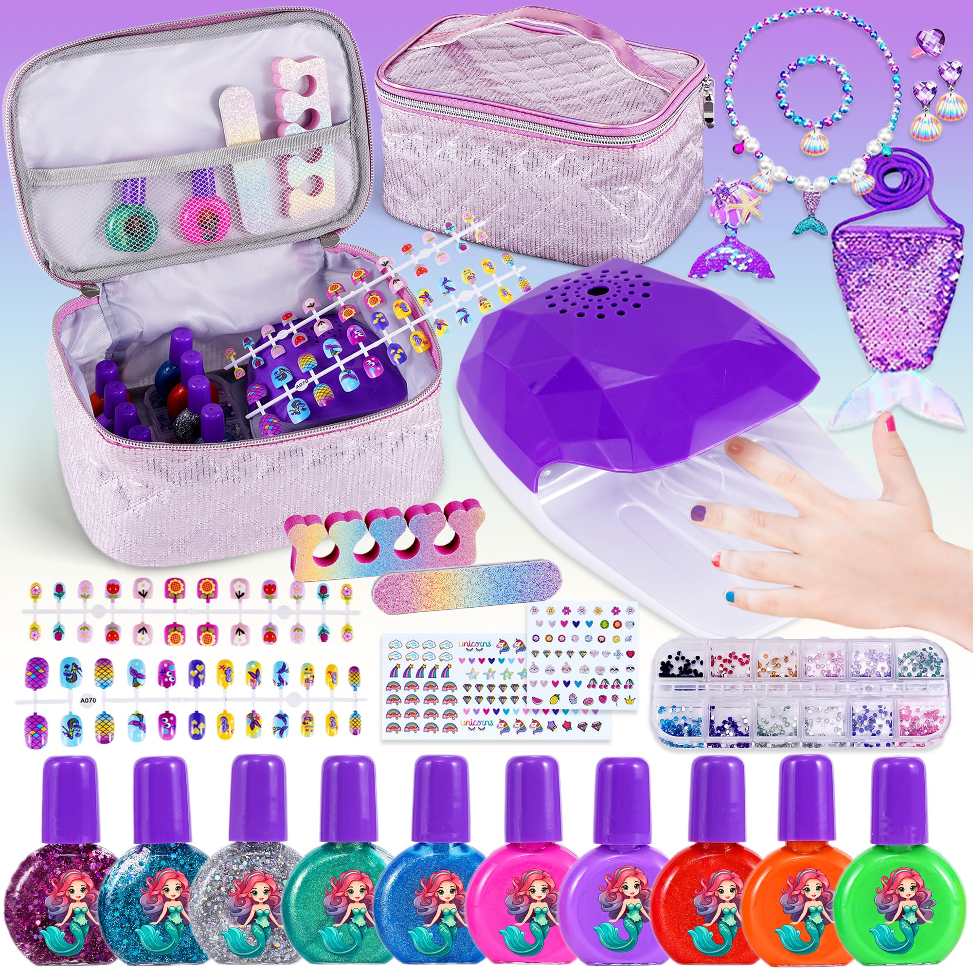 Lubibi Sirena Set de Manicura para Niña,Set de Esmalte de Uñas para Niños,pintauñas niñas,set manicura,Secador de Uñas, Pegatinas,Joyas de sirena,Bolsos de sirena,regalo niña 3 4 5 6 7 8 9 10 años