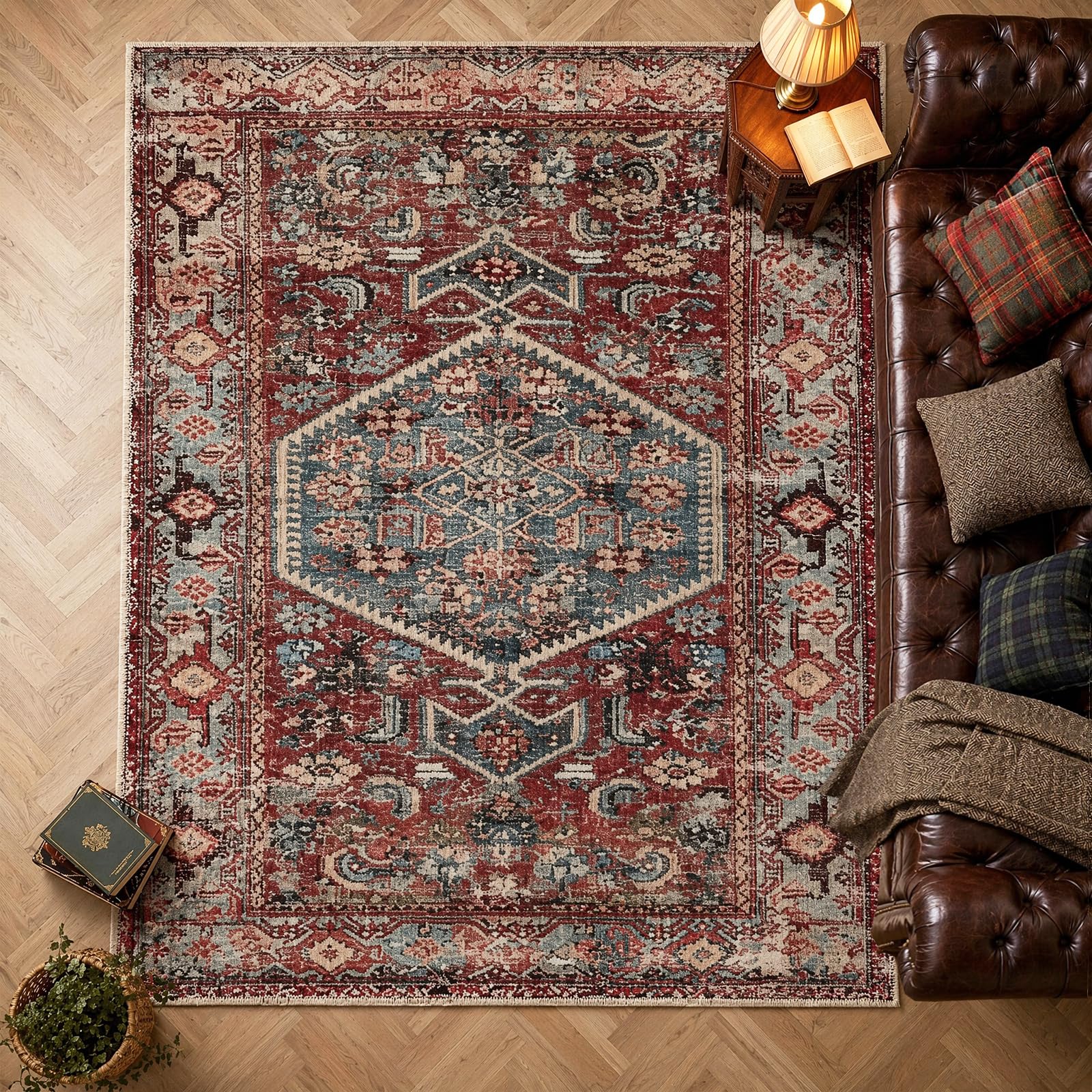 jxgzyy Washable Living Room Rugs, Red Vintage Rug, Short Pile Bedroom Rug