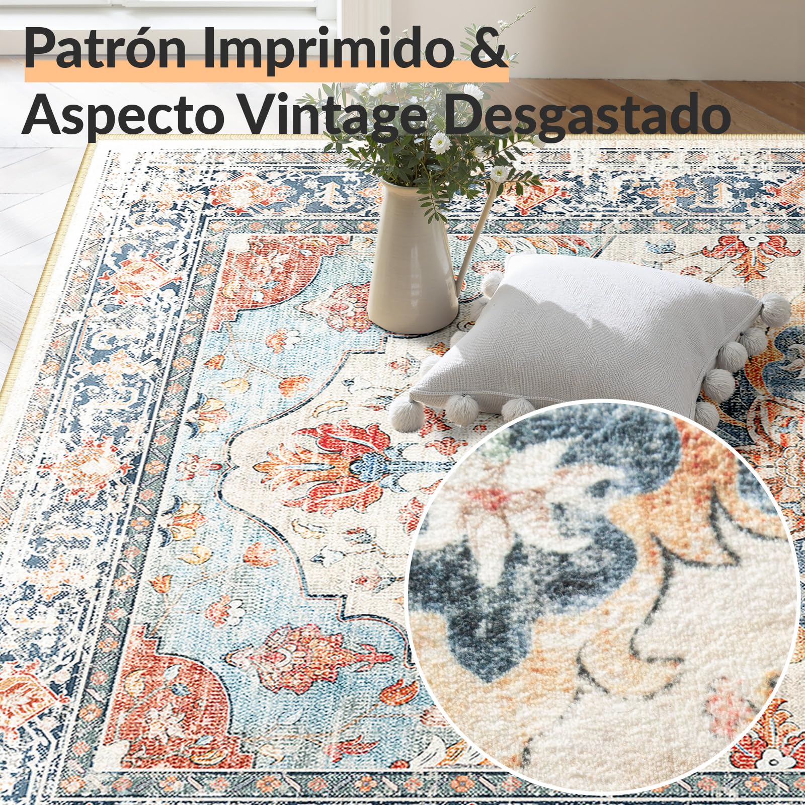 INOVADAY Alfombras Lavable en Máquina 90x150 cm Vintage Bajo Pelo Alfombra Estampado Tapete para Salón de Estar, Dormitorio, Oficina en Casa Beige/Azul/Naranja