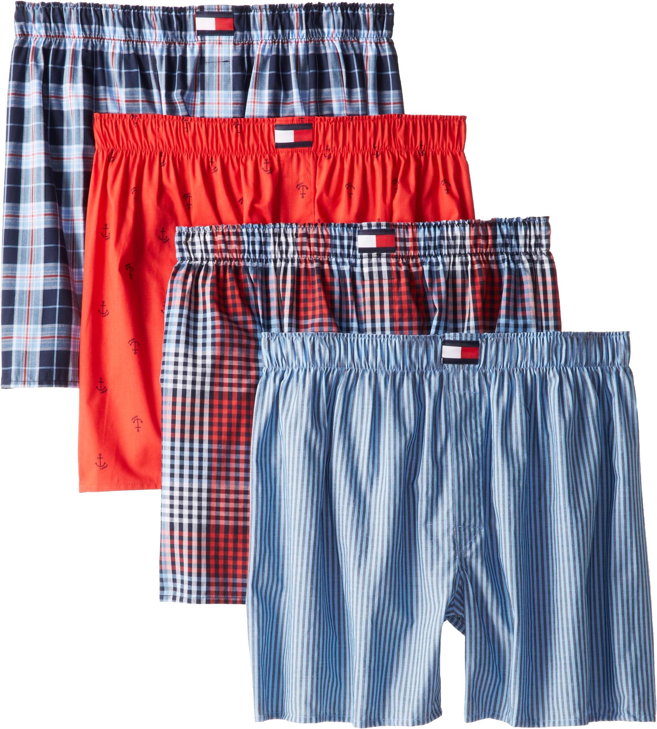 Tommy Hilfiger Men's Blues Checks and Red Print 4 Pack Woven Boxer
