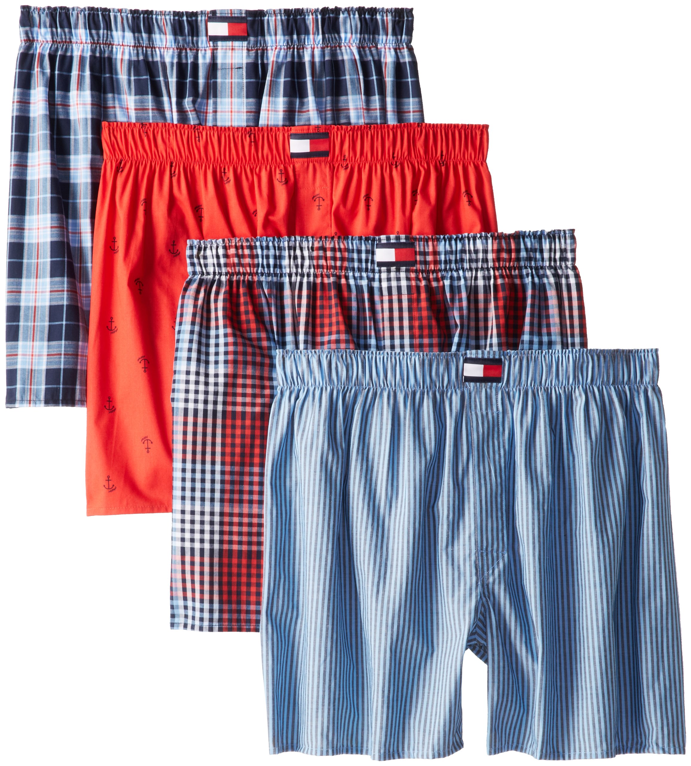 Tommy Hilfiger Men's Blues Checks and Red Print 4 Pack Woven Boxer