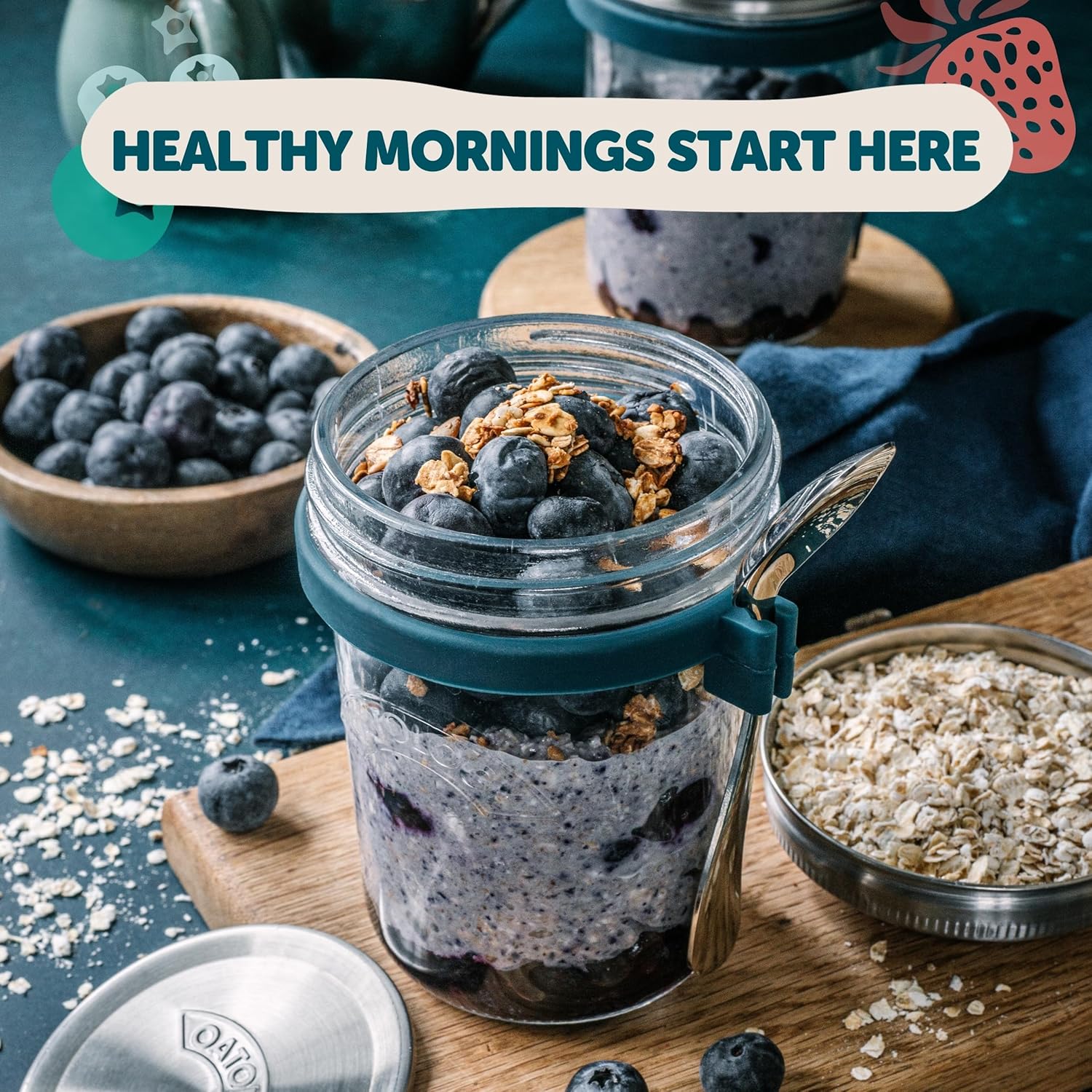 OATOLOGY Overnight Oats Containers with Lids & Spoons - Stainless Steel Lid Leakproof Glass Jars for Chia Pudding & Yogurt for Healthy Breakfast On-the-Go - 16oz Set with Unique Milk Line - 2 Pack - Image 2