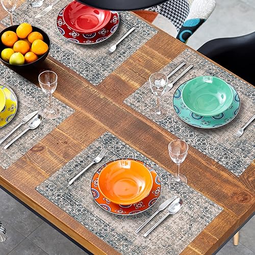 Miniatura 8 de Juego de 4 manteles individuales étnicos bohemios, estilo vintage, de lino gris, lavables, resistentes a las manchas, resistentes al calor,