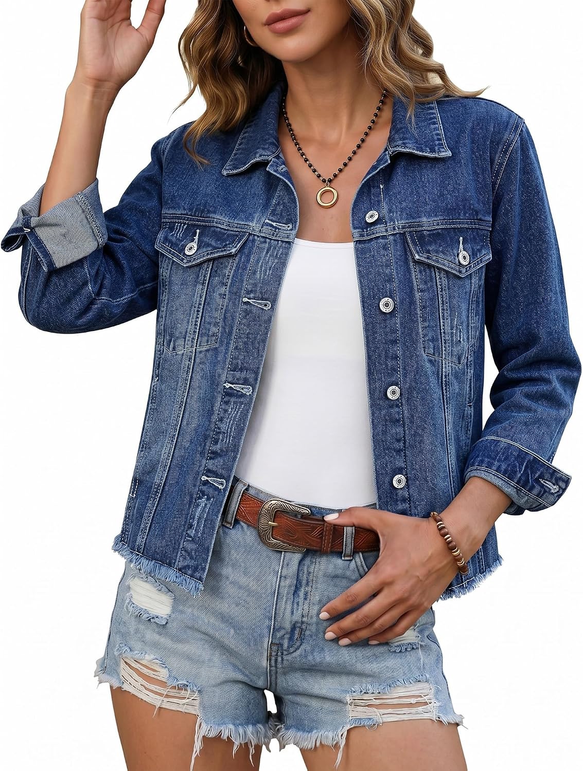 luvamia Denim Jacket for Women Distressed Jean Jackets Button Up Vintage Western Trucker Jacket Frayed Hem Pockets