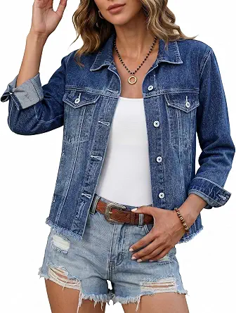 Luvamia Women's Denim Jacket - Distressed, Frayed Hem, Western Style