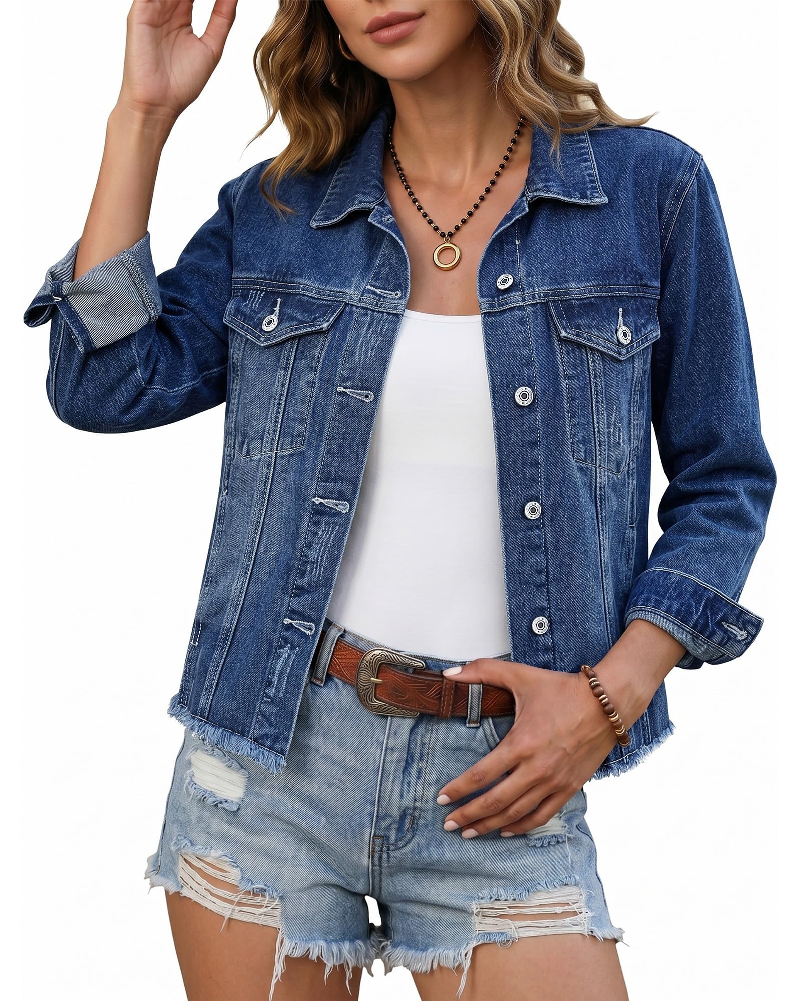 luvamia Denim Jacket for Women Distressed Jean Jackets Button Up Vintage Western Trucker Jacket Frayed Hem Pockets