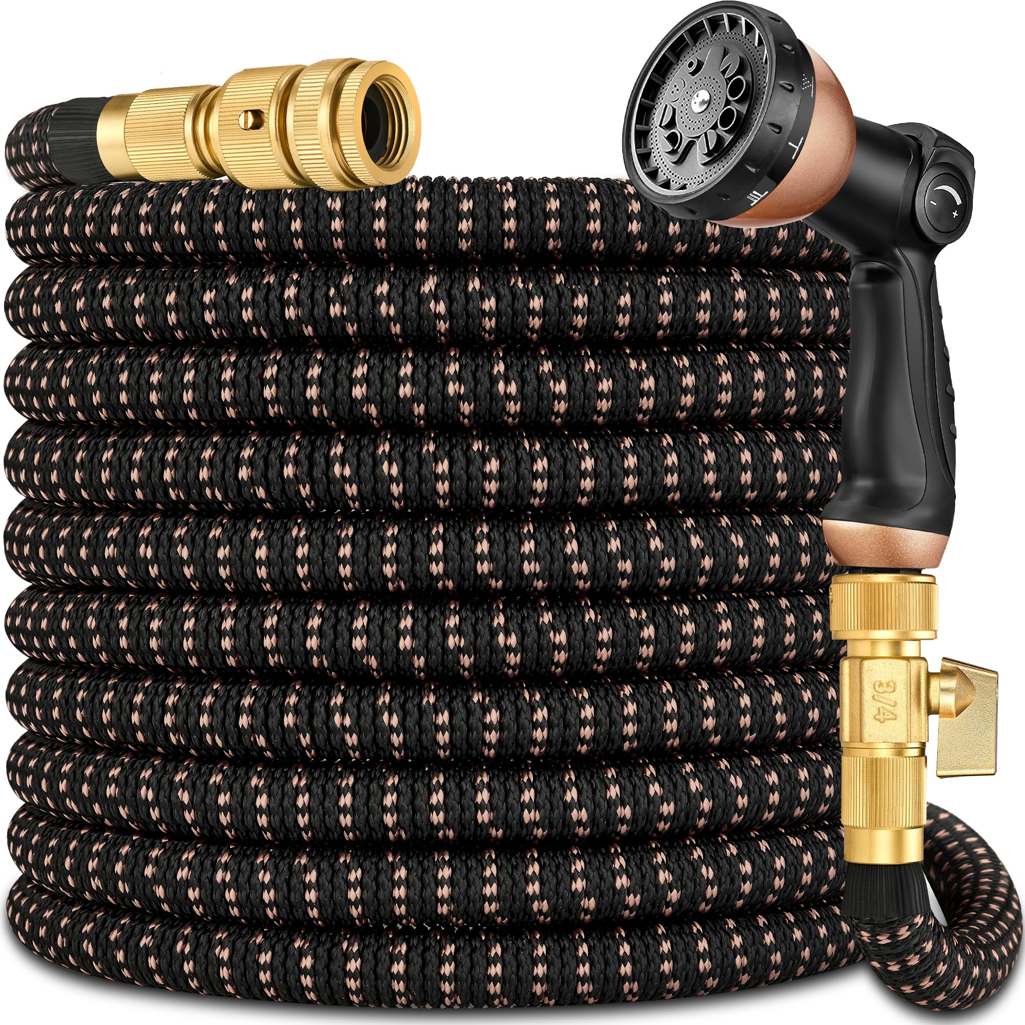 Expandable Garden Hose Pipe 100FT(30m), Flexible Water Hose w/10 Function Spray Gun & 2-in-1 Valve Quick Fittings, Lightweight, Durable, Kink-Free, Heavy Duty Expanding Hosepipes for Garden(BlackGold)