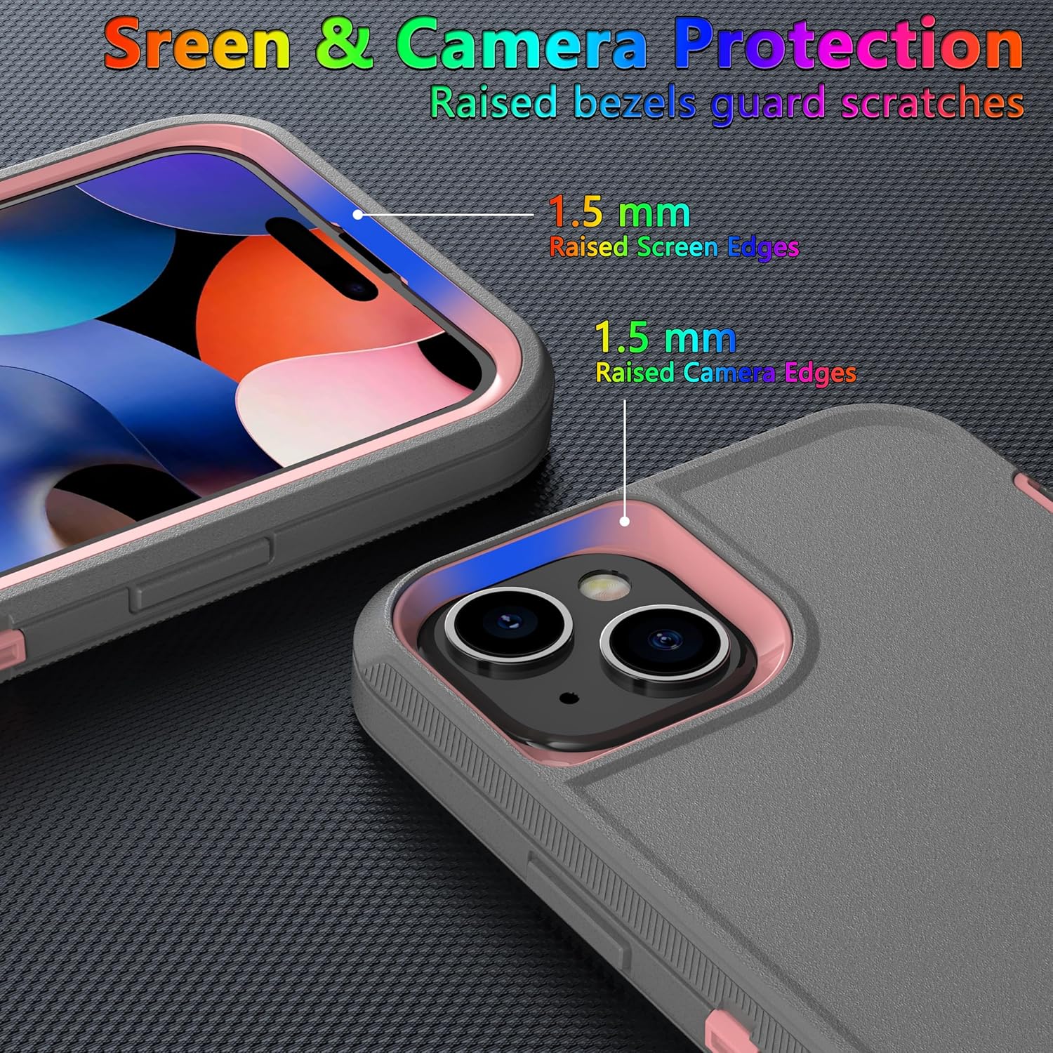 MXX Heavy Duty Made for iPhone 15 Plus Case with Tempered Glass Screen, Camera Lens Protector 3-Layer Full Body Protection - Shockproof Dustproof Cover for 15 Plus Phone Case 6.7" (Gray/Light Pink) - Image 4