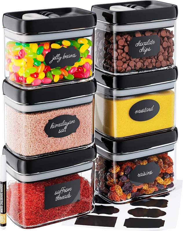 Chef's Path Recipientes herméticos para almacenamiento de alimentos con tapas mejoradas, juego de 6, botes de cocina y despensa de 1 litro para café, especias y alimentos secos, incluye etiquetas y marcador, transparentes, todos del mismo tamaño