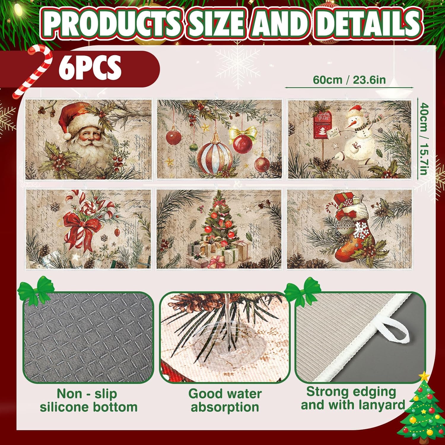 Meanplan Set of 6 Christmas Dish Drying Mats for Kitchen 24"x 16" Retro Xmas Kitchen Accessories Santa Berries Rectangle Table Mats Washable Absorbent Drainer Draining Dry Pad for Christmas Home Decor