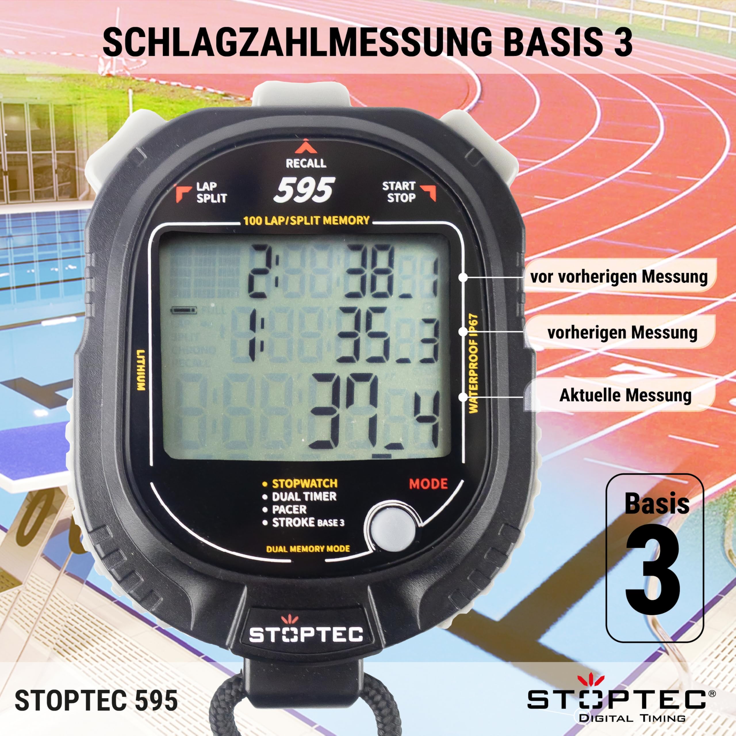 Stoptec Cronometro 595, grande display a 3 righe, meccanismo a punto di pressione, 100 memoria, doppio timer, Pacer, misurazione del numero di impatti, display e suono commutabili, resistente alla