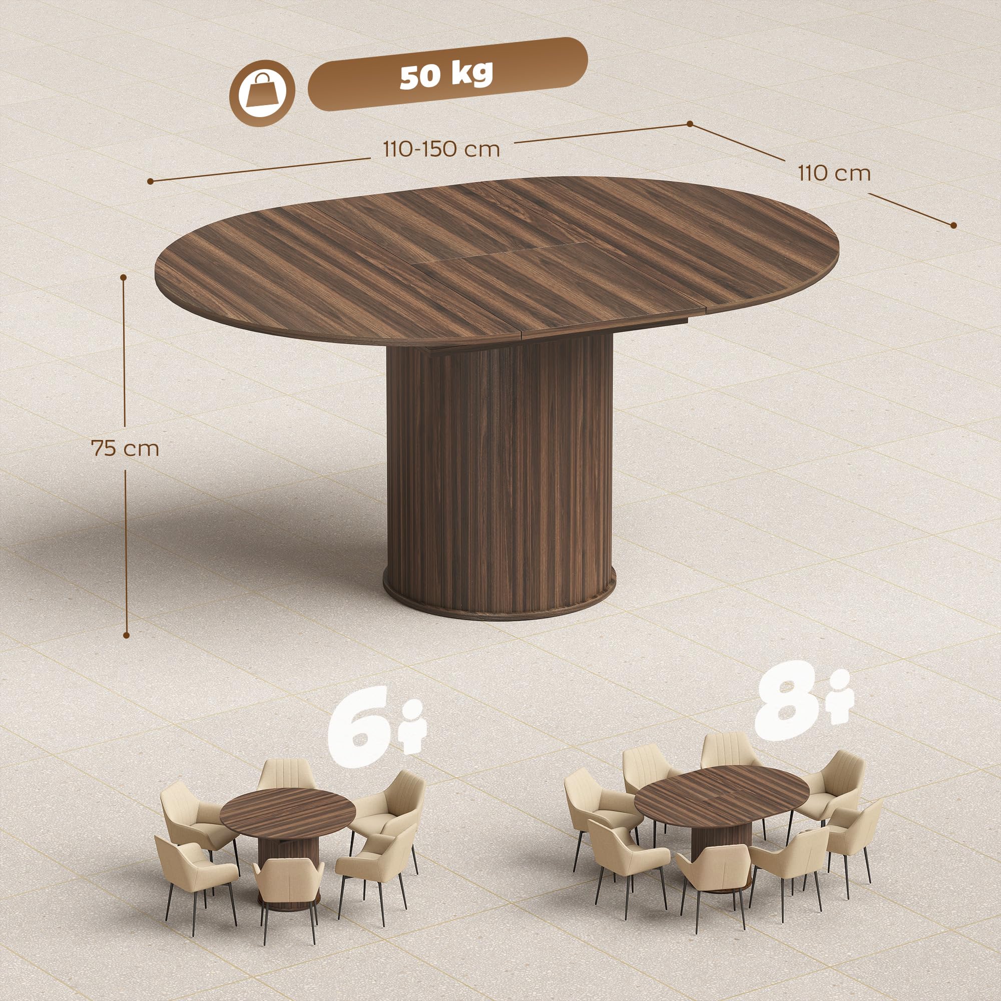 HOMCOM Table à Manger Extensible pour 6 à 8 Personnes, 110-150 cm, Noyer
