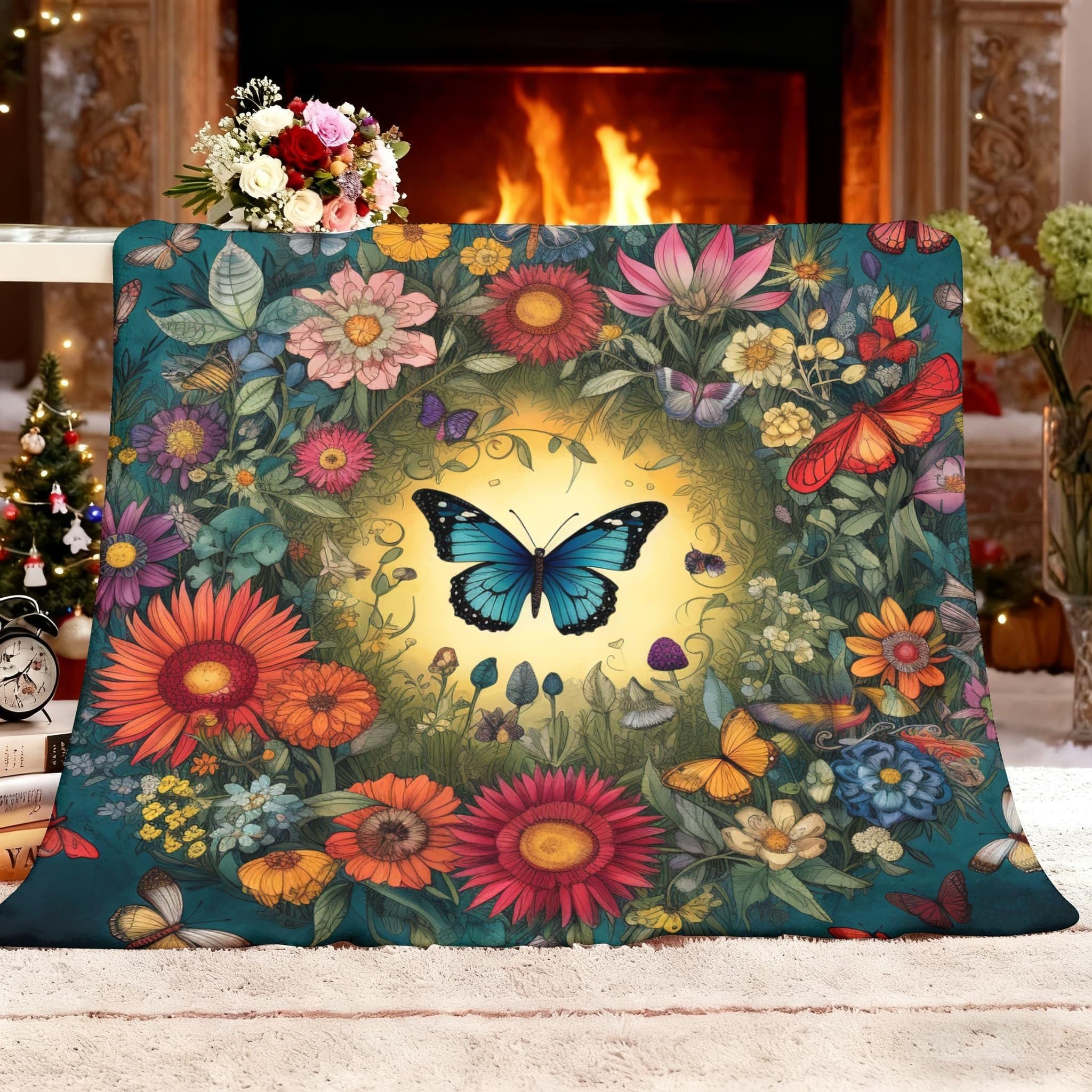 Genérico Regalo Manta XXL 180x200cm Mariposas Y Flores RomáNticas Suave y Cálida de Franela de Forro Polar Mantas Vistoso Fácil de Cuidar Manta Térmica para Cubre Sofa Colchas