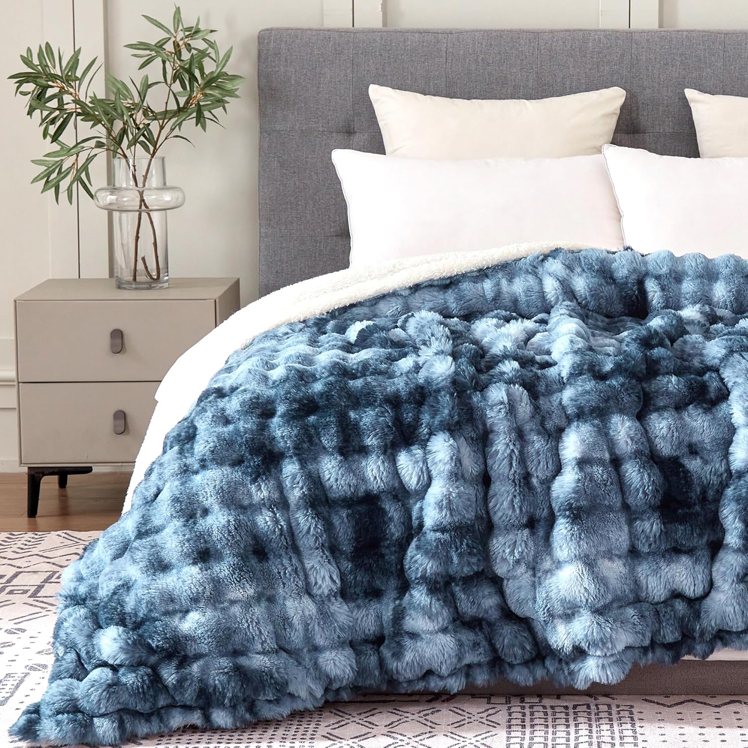 50x60 Inches Ultra-Soft Fuzzy Faux Fur Plush Throw Blanket - Thick, Warm Sherpa for Couch, Sofa, Bedroom, Camping - Decorative Blanket for Cozy Warmth, Bubble Dark Blue Tie Dye - Image 2