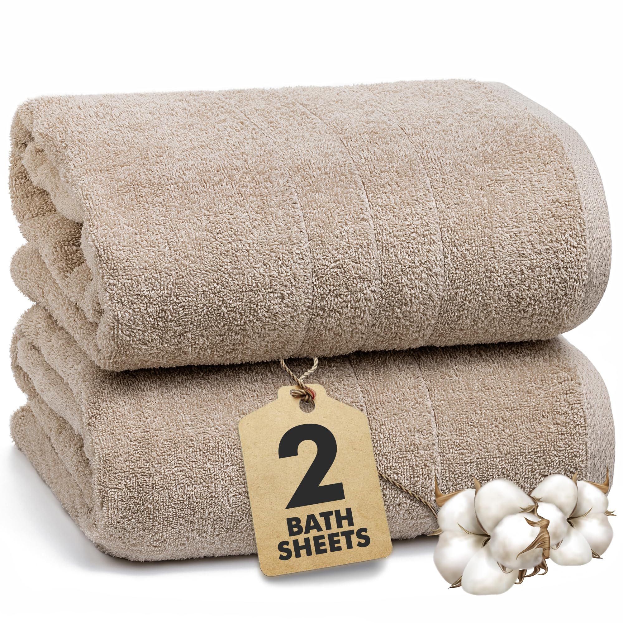 Novo Home Bath Sheets – Extra Large Bathroom Sheet Set – Pack of 2 Jumbo Towels Beige (71x35in) – 100% Cotton Soft Quick Dry Large Bath Towels for