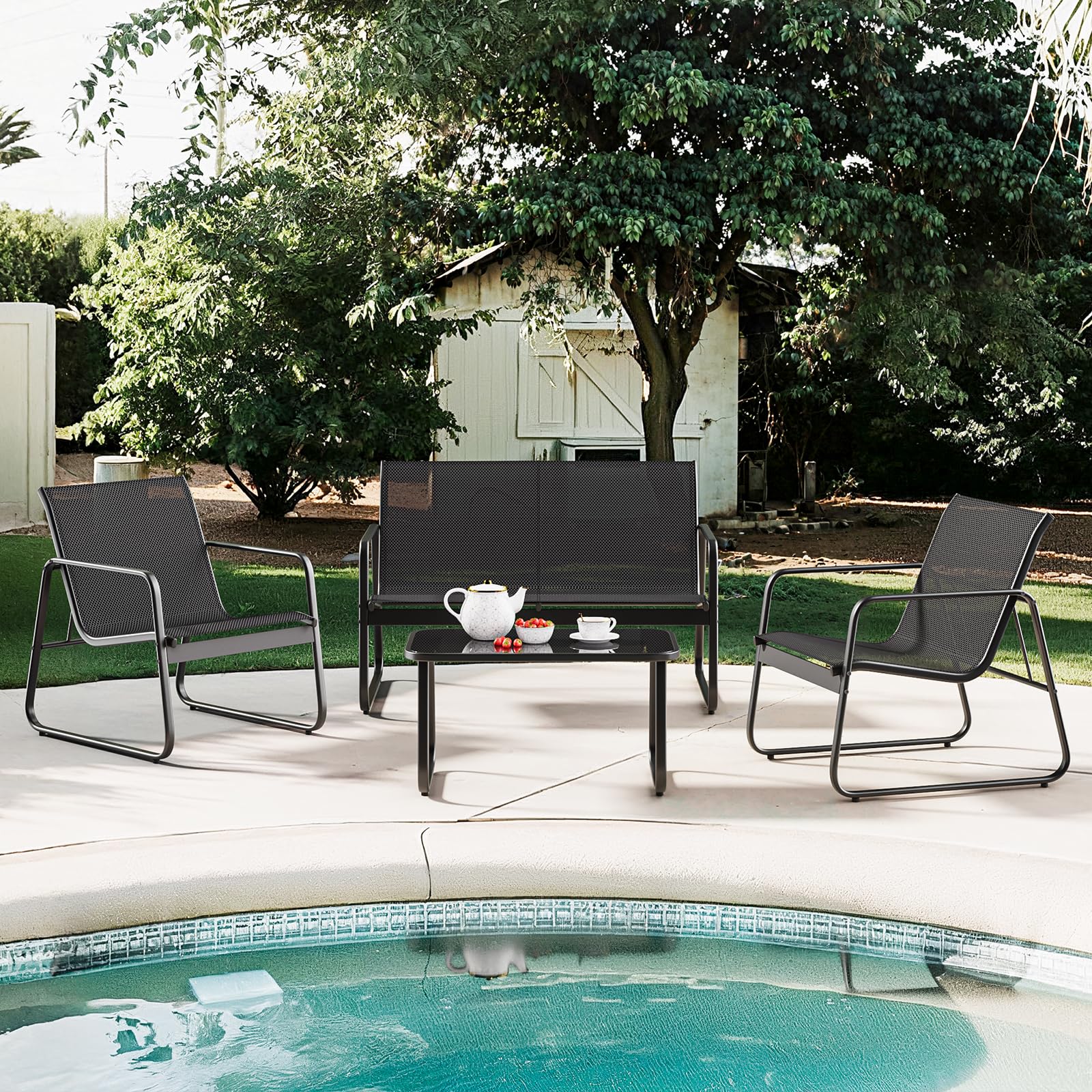 Bealife Conjunto de Muebles de jardín de 4 Piezas, Conjunto de Patio de Tela Teslin, Incluye 3 sillones y 1 Mesa de Vidrio, Adecuado para Patios, Jardines y Espacios al Aire Libre (Negro)
