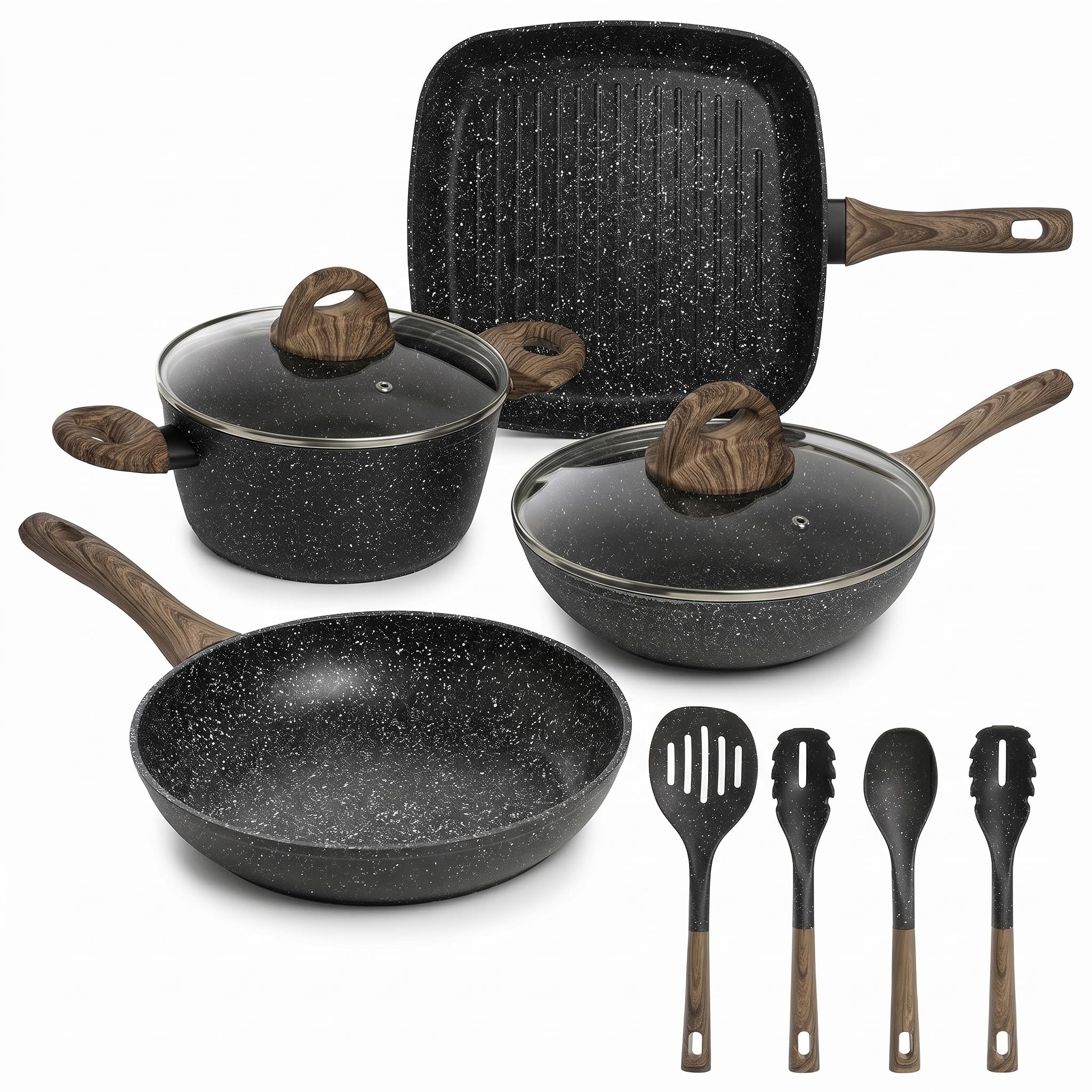 INTRECCI Set 10 Pezzi Padelle e Utensili Cucina con Casseruola, Wok, Bistecchiera | Batteria Pentole Antiaderente Rivestimento Marble Stone | Fondo Induzione e Gas | Alluminio, Nickel e PFOA Free
