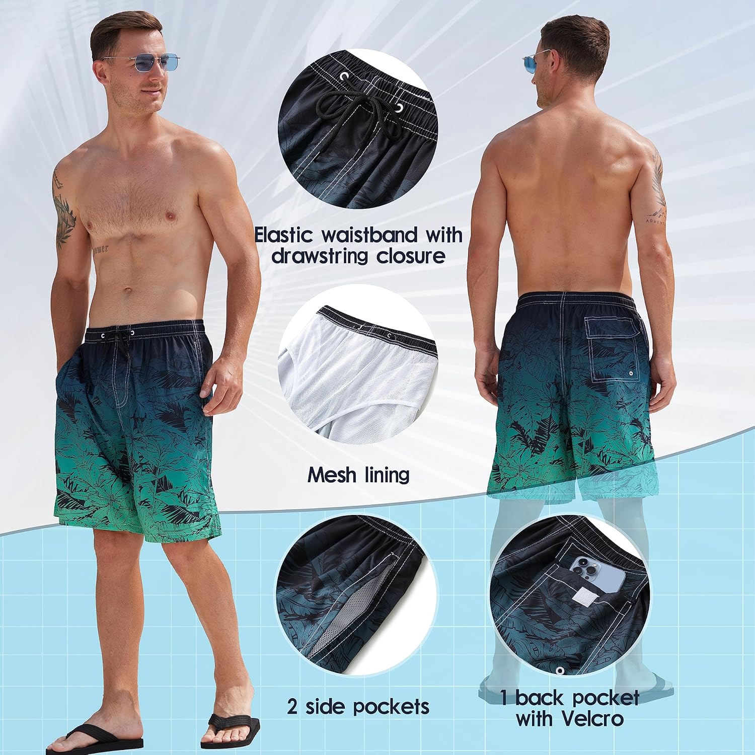 FT FENTENG Mens Swim Trunks Quick Dry Board Shorts with Mesh Lining, Breathable Surf Beach Shorts Swimwear Bathing Suits 4X-Large Gradient Leaf-12 image 4 of 6 B0CLZYMZ93