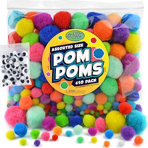 410 unidades  Pompones Jumbo para suministros de manualidades  360 pompones peludos de colores grandes y pequeños surtidos con 50 ojos saltones