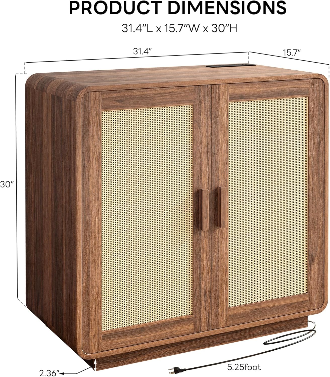 LIKIMIO Rattan Cabinet with LED Lights & Power Outlet, Curved Design Sideboard Buffet, 2 Doors Adjustable Shelves for Coffee Bar Kitchen Living Room, Vintage Brown