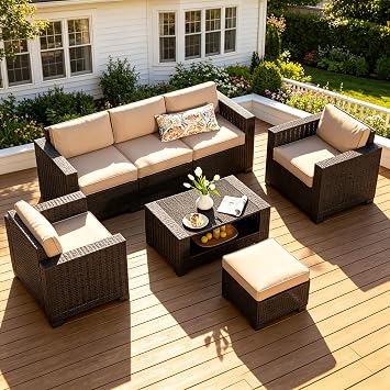 SHGJ&SOFT 7 Piece Outdoor Patio Furniture Set, Wicker Outdoor Sectional Sofa with Washable Cushion Covers and Tempered Glass Table, Rattan Conversation Set for Poolside,Balcony, Porch,Garden