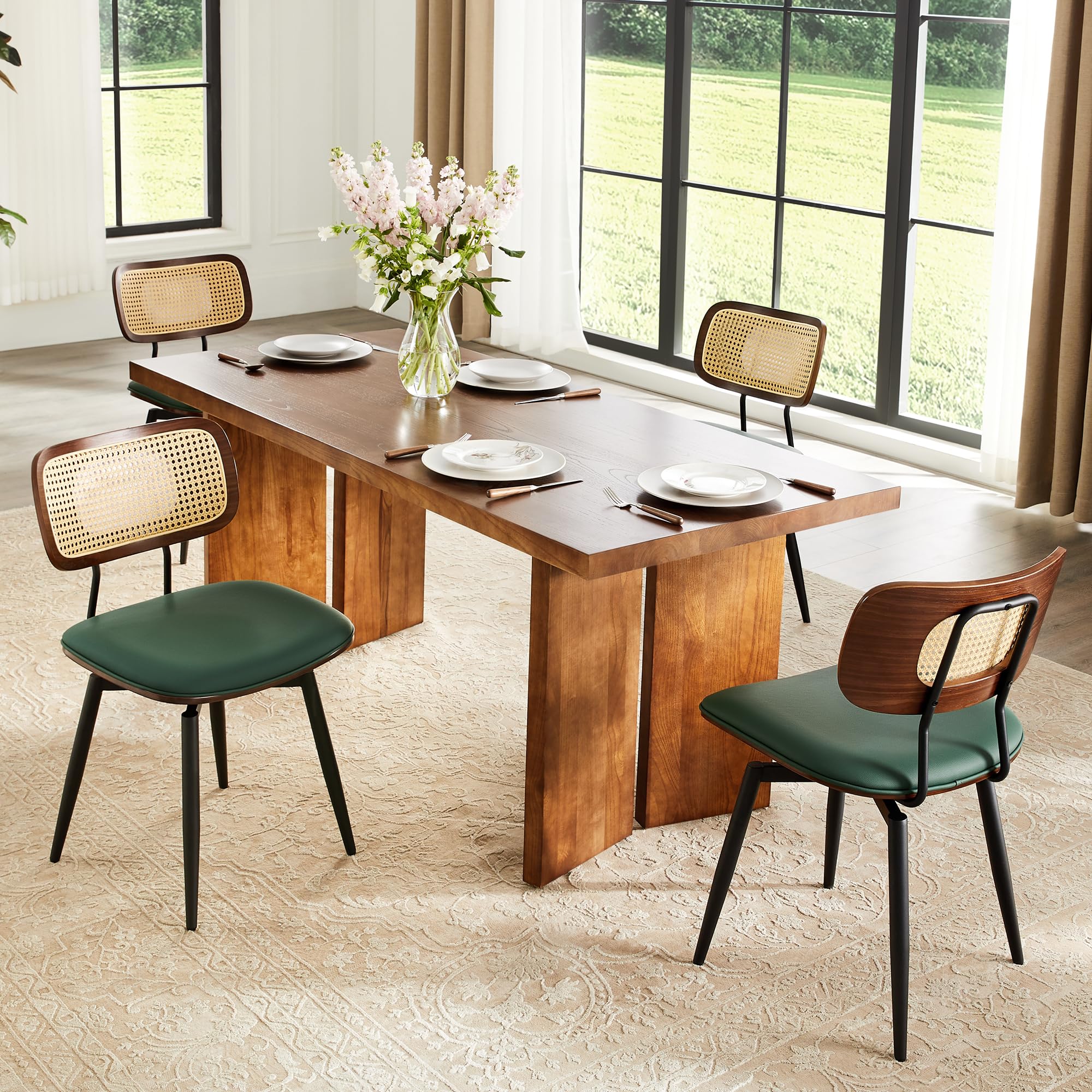 Dining Chairs with Rattan Back, Modern Green Leather Dining Chairs Set of 4, Swivel Dining Room Chairs Kitchen Side Chairs with Metal Legs and Upholstered Seat for Kitchen & Living Room Set of 4 Green