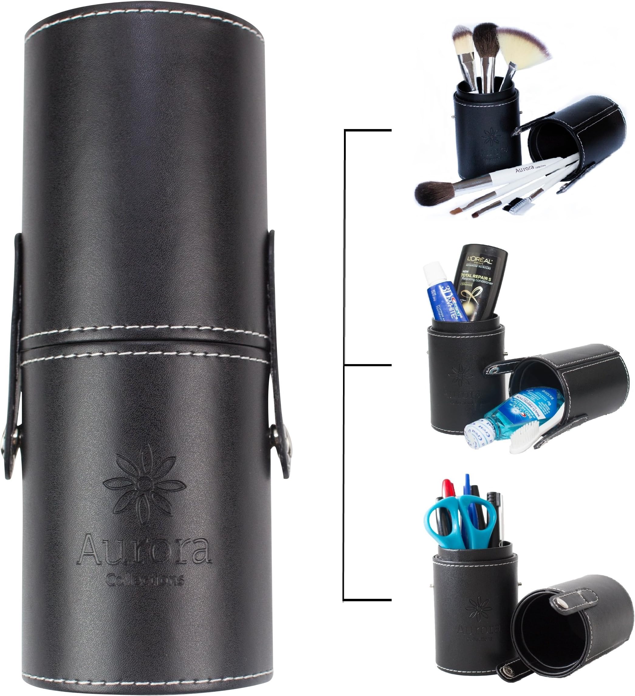 Makeup Brush Holder by The Aurora Collections, Compact Design Serves Multiple Needs - Travel Jewelry Case, Pencil Case or Holder, and Toiletry Bag - Hard Leather Cup for Protection!