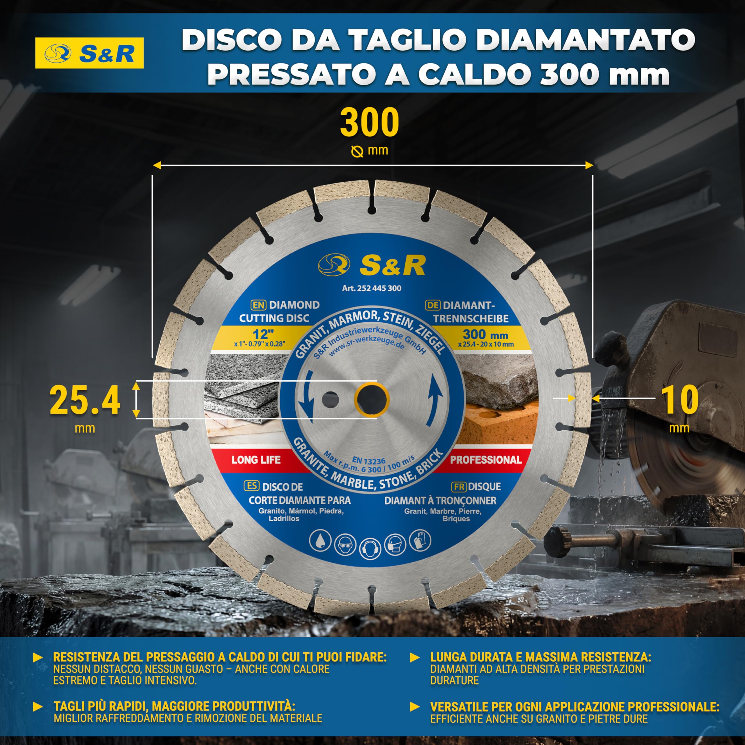 S&R Disco Diamantato Professionale 300 mm Segmentato Laser – Disco da Taglio Diamantato per Gres Porcellanato, Ceramica Dura, Granito, Marmo, Pietra e Mattoni – Foro 25,4 mm – Segmenti 10 mm.