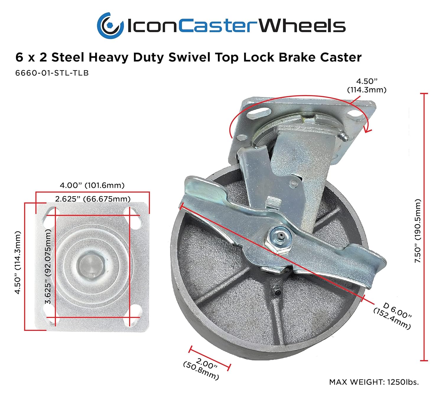6" x 2" Steel Heavy Duty Caster, Set of 4 Industrial Casters | 2 Swivel Top Lock Brake Caster & 2 Rigid Top Plate Caster | Top Plate 4 x 4.5, Load Capacity 4,800 lbs per Set (4-Pack)