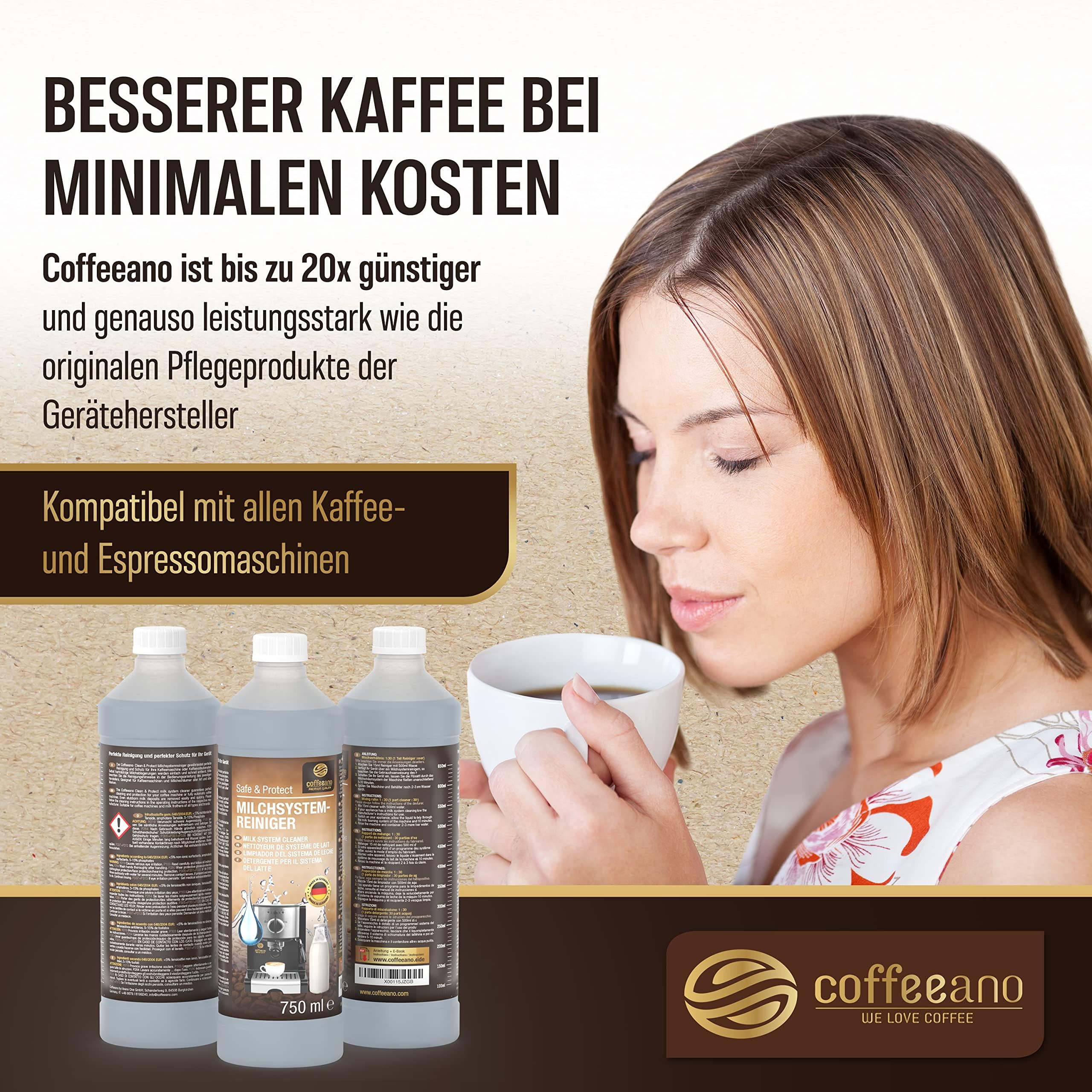 Coffeeano 2x 750ml środek do czyszczenia układu mleka do ekspresów do kawy i maszyn do kawy | 100 zastosowań | Dla Delonghi, Siemens, seria EQ, Jura, Krups, Bosch, Miele, Melitta, WMF i wielu innych.