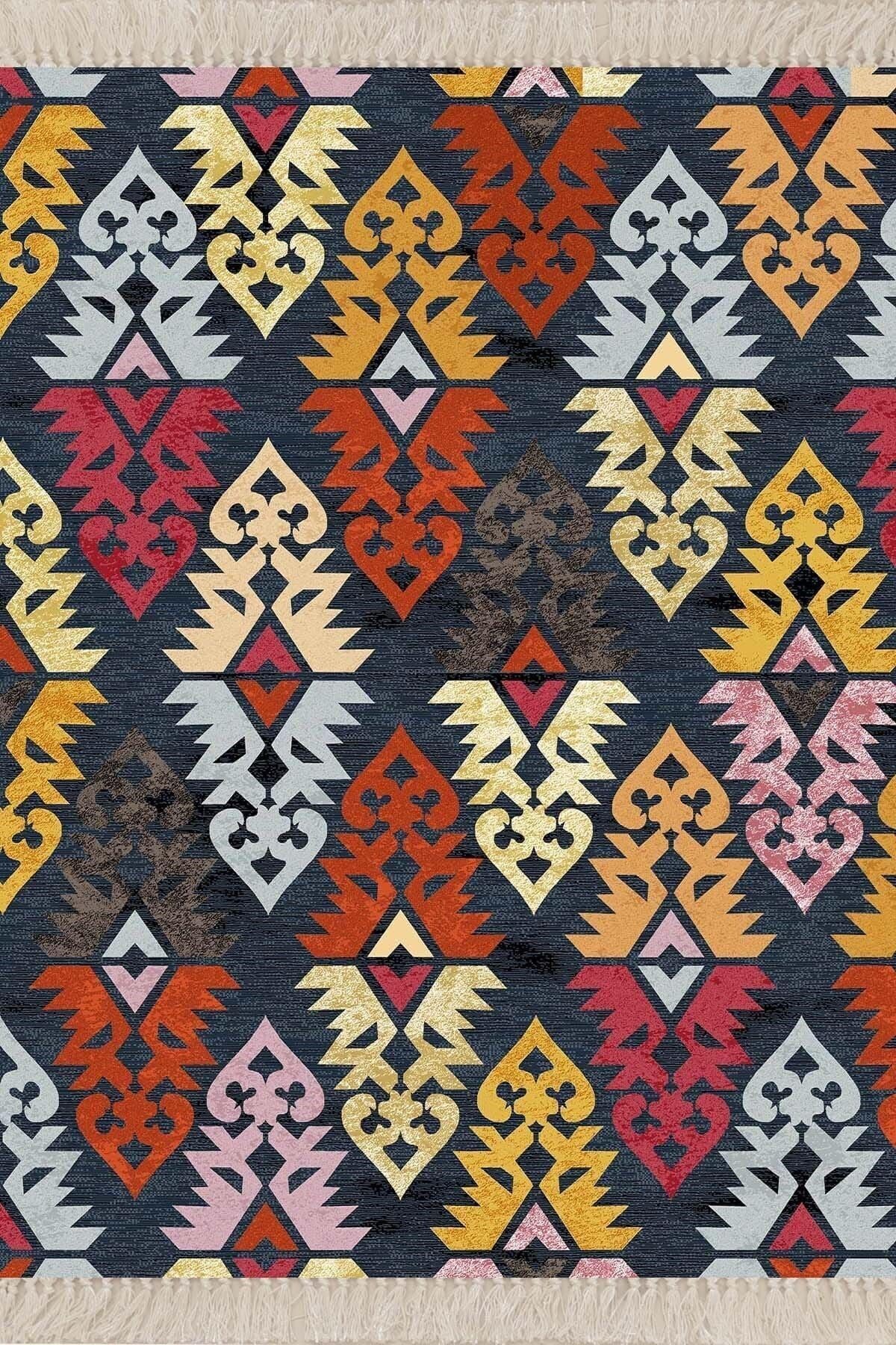 Pelangi Mavi Kilim Desenli Etnik Dijital Baskı Yıkanabilir Modern Salon Halı 80x200 cm, Mavi 120 x 180