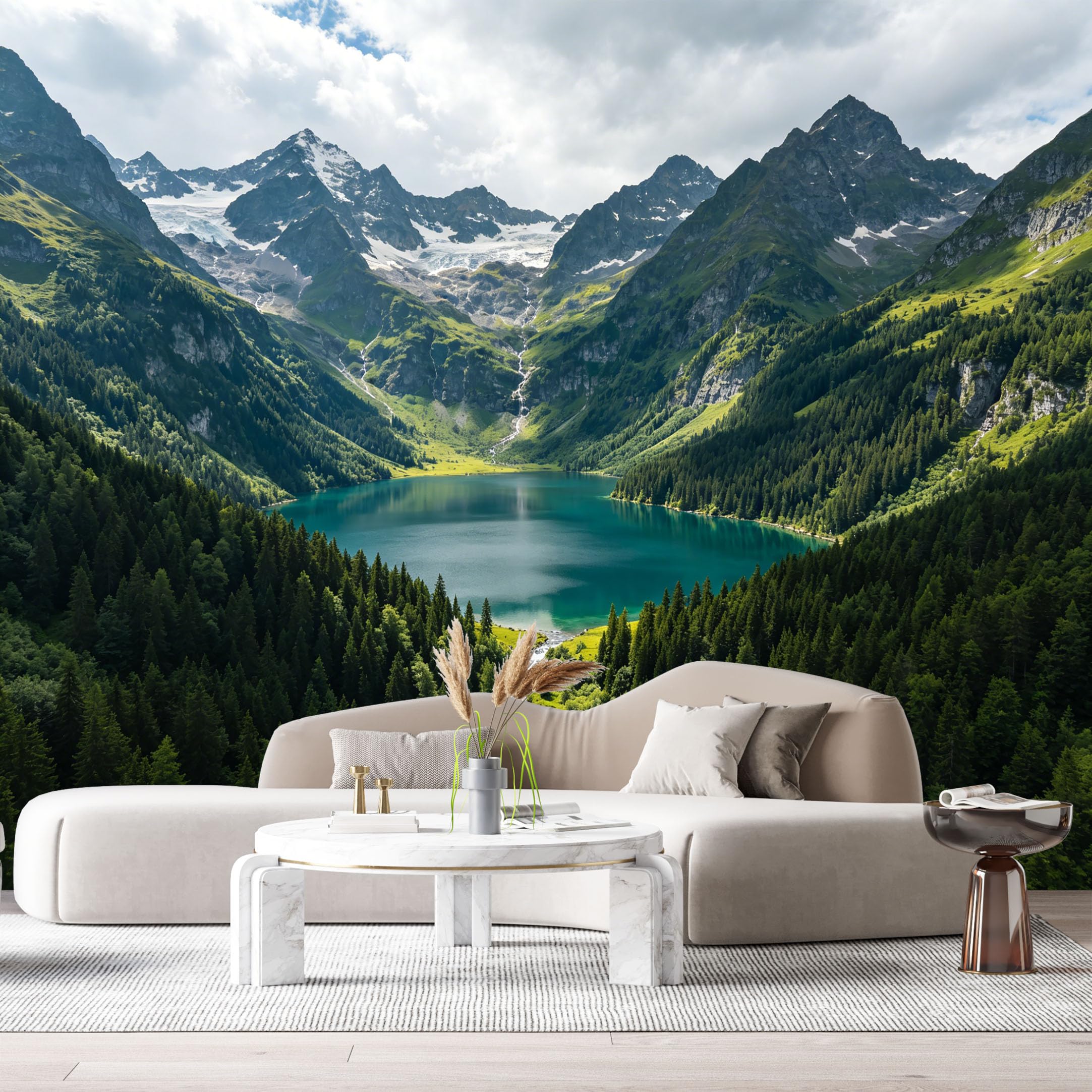 Custom Size Wall Murals Alpine Lake Mountain Peak Landscape Forest Waterfall Nature View SelfAdhesive Wall Fabric Removable Large Wallpaper for Photo Living Room