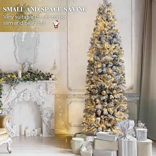 Miniatura 5 de Árbol de Navidad de lápiz preiluminado de 7.5 pies con luces, árbol de Navidad artificial flaco flocado de nieve, árbol de Navidad delgado con 305