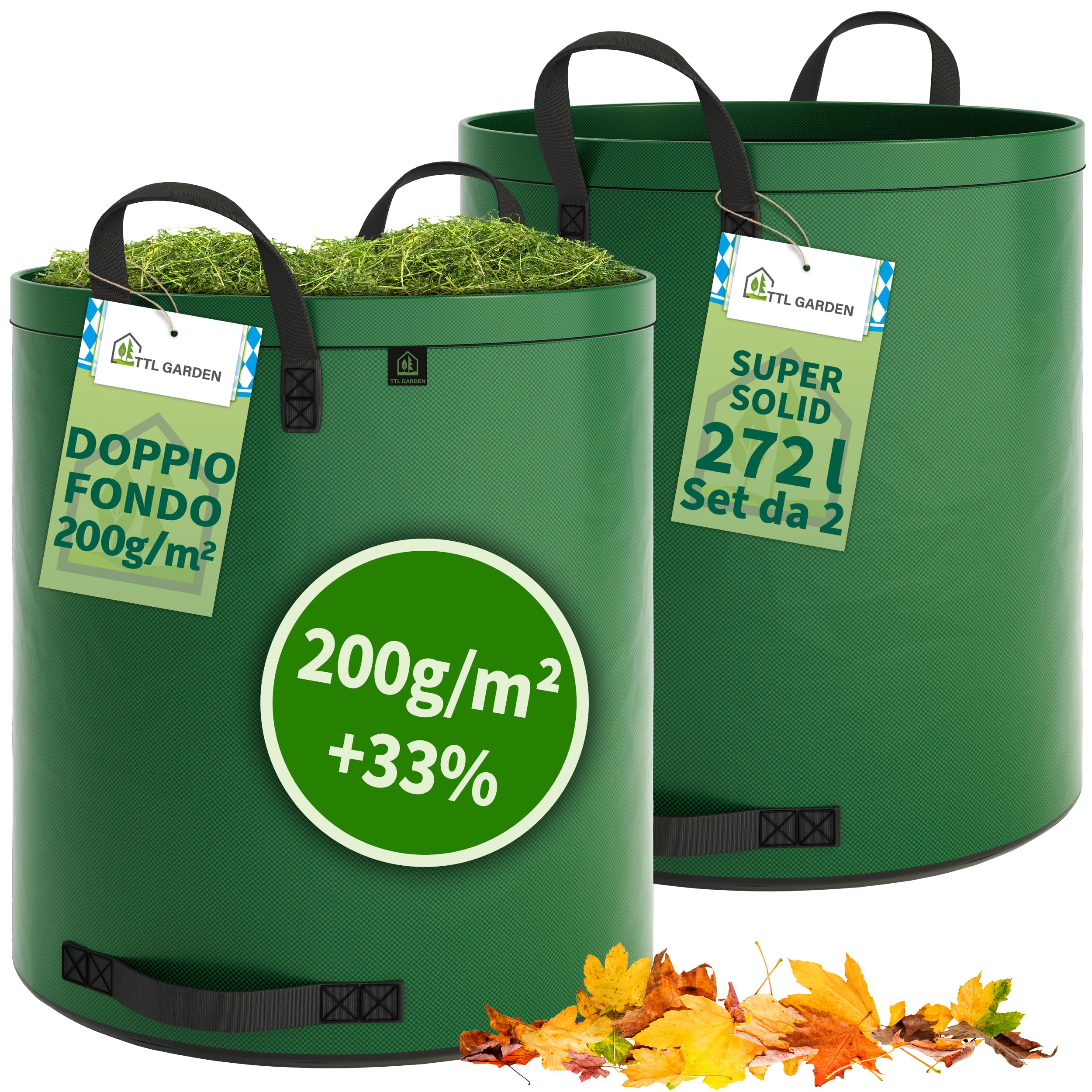 TTL Garden 2 sacchi da giardino Super Solid, 272 l, colore verde, doppio fondo, 2 x 200 g/m², extra stabili e antistrappo, 4 manici, grandi e robusti, set da 2 sacchi per foglie, siepe, rifiuti da