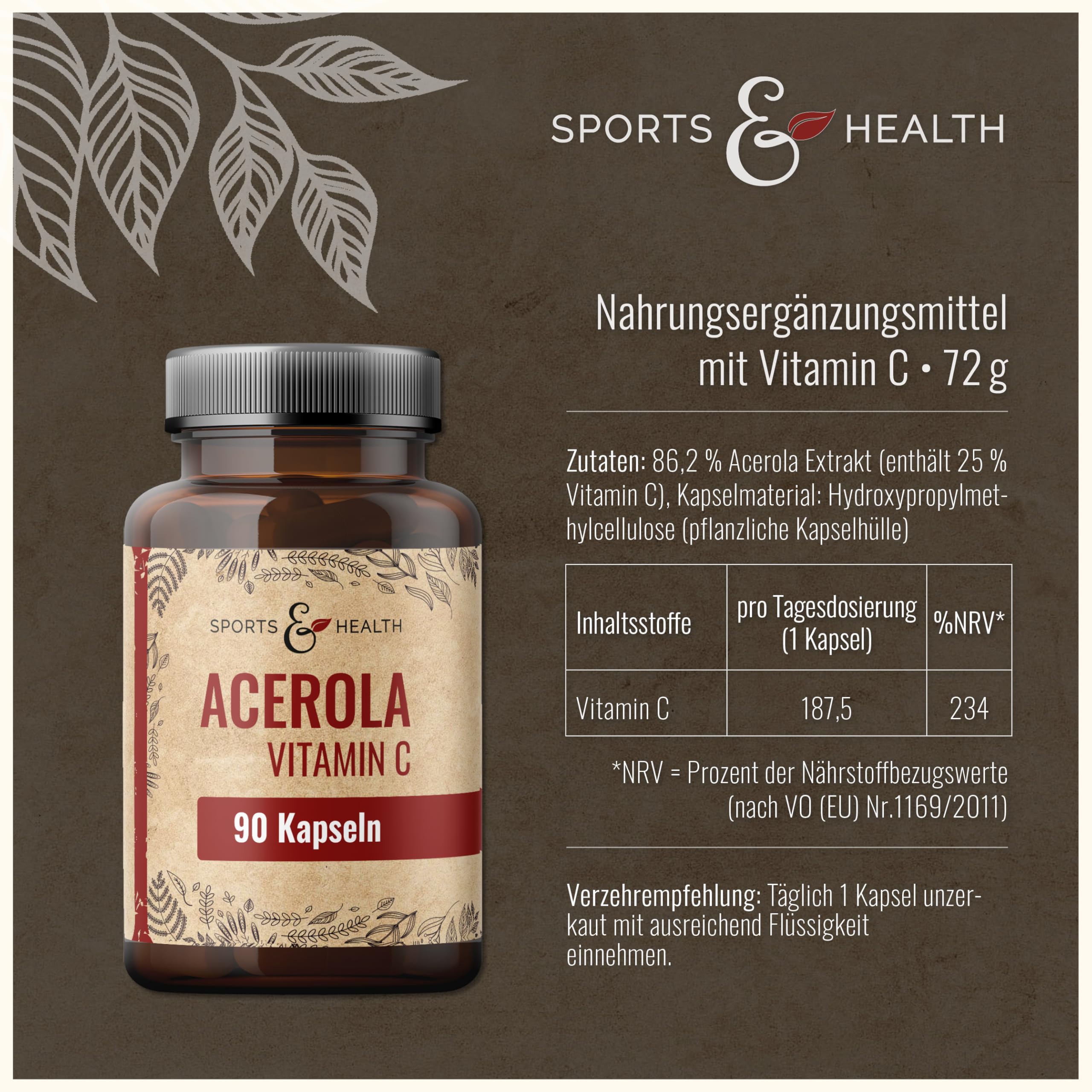 Acerola Vitamin C Mit Natürlichem Vitamin C - 750 mg Acerola pro Kapsel - 90 Veganen Kapseln Als 3 Monatsvorrat Und Ohne Zusatzstoffe (Packung mit 2)