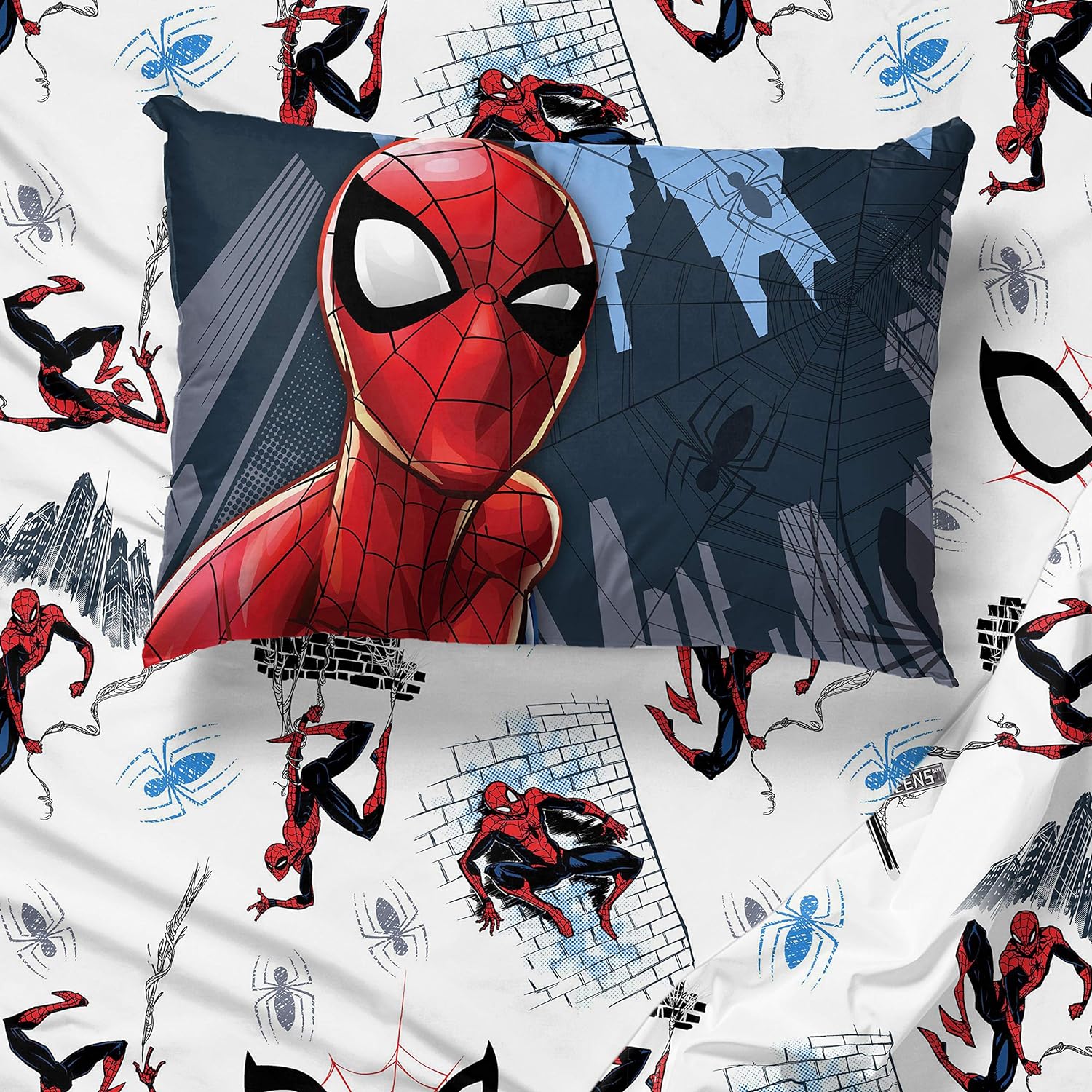 Jay Franco Kids Sheet Set with Fitted, Flat Sheets & Pillow Cover - Ultra-Soft Bedding with Pillowcase for Room Decor, White - Spiderman, 4 Piece Queen - Image 5